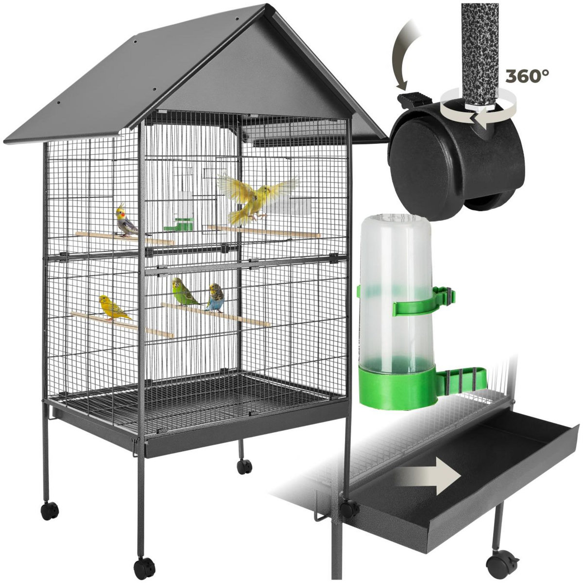 tectake Cage à oiseaux en finition martelée gris anthracite