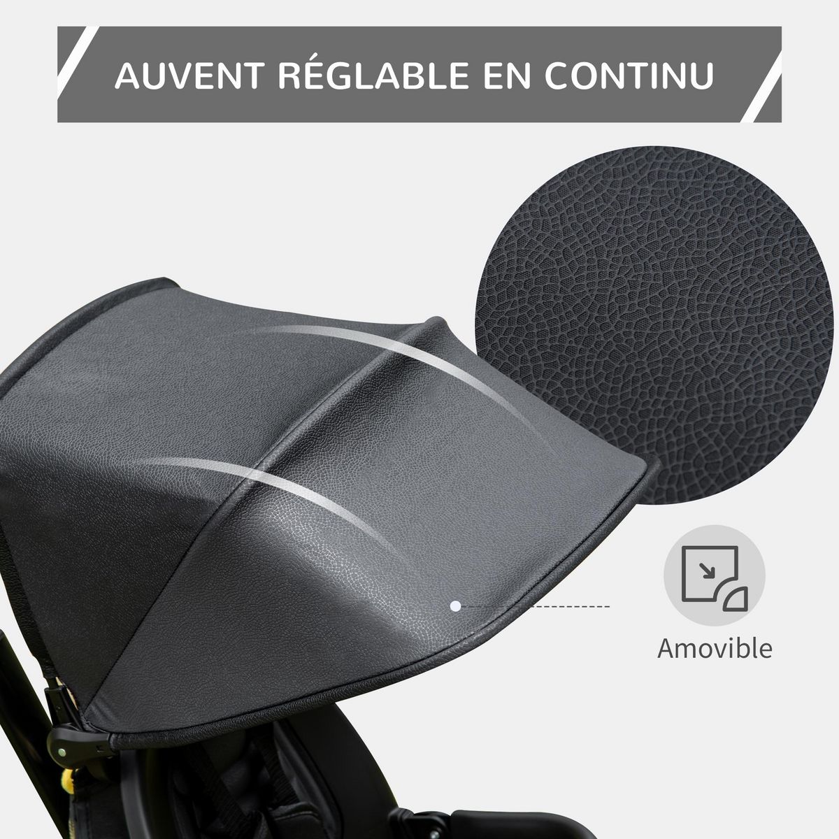 HOMCOM Tricycle enfant évolutif pliable 4 en 1 multifonction - pare-soleil, canne télescopique amovible - siège pivotant, harnais, arceau sécurité - 3 paniers rangement - métal PP noir