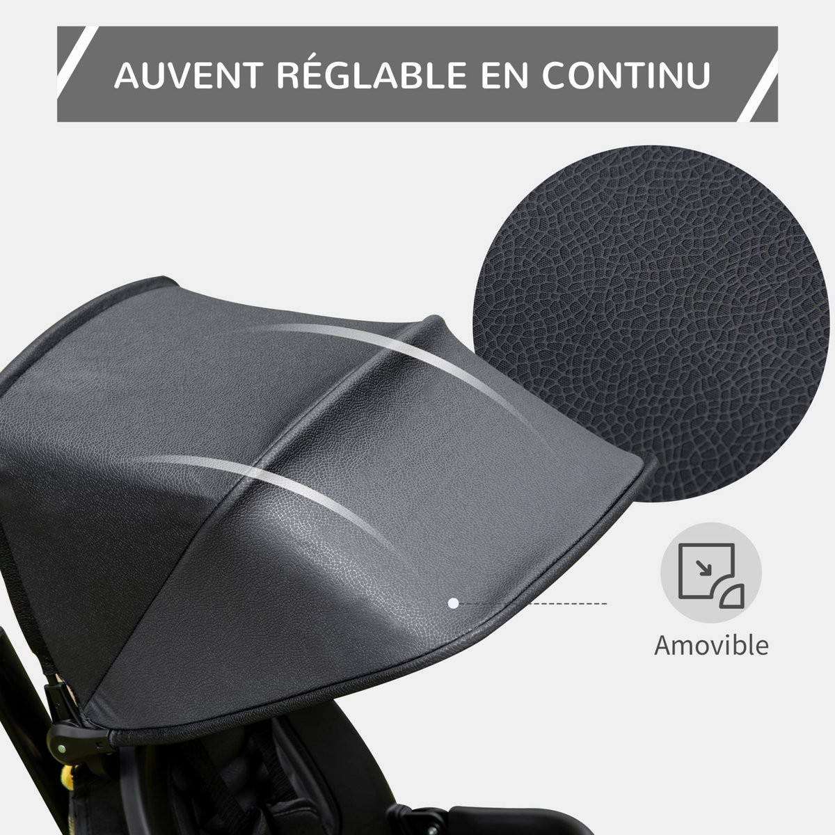 HOMCOM Tricycle enfant évolutif pliable 4 en 1 multifonction - pare-soleil, canne télescopique amovible - siège pivotant, harnais, arceau sécurité - 3 paniers rangement - métal PP noir