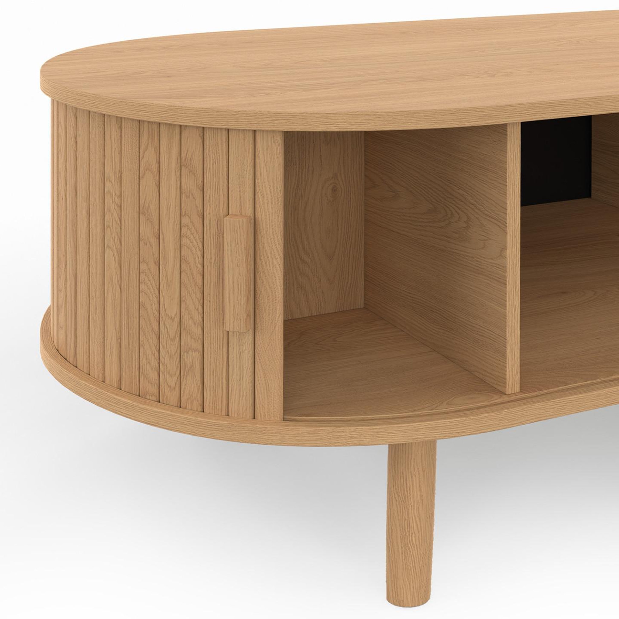 Voir la diapositive 6 : ID MARKET Table basse ovale romie 100 cm 2 portes coulissantes lattes tasseau bois coloris chêne