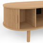 Voir la diapositive 6 : ID MARKET Table basse ovale ROMIE 100 cm 2 portes coulissantes lattes tasseau bois coloris chêne