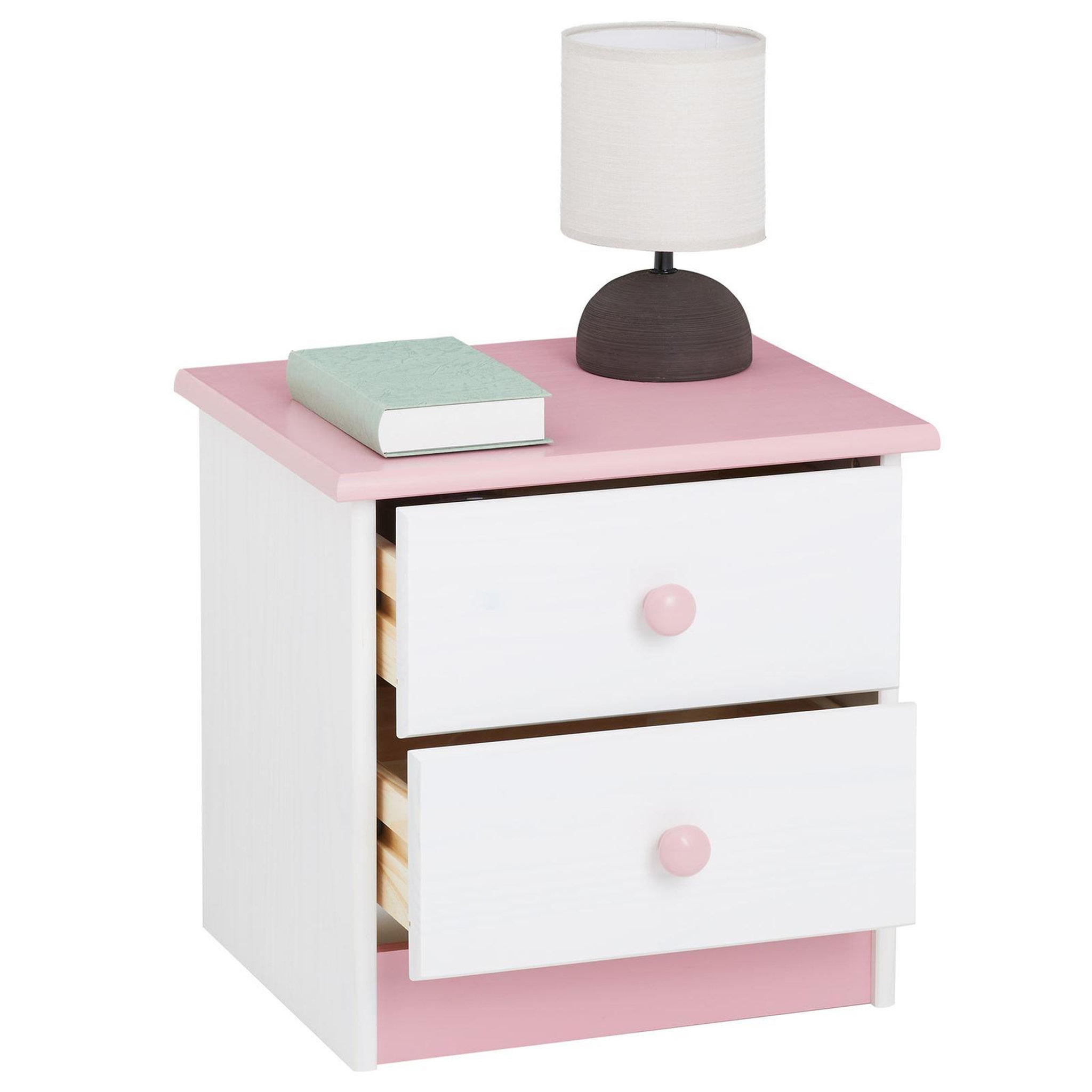 Voir la diapositive 4 : IDIMEX Table de chevet en pin RONDO, 2 tiroirs