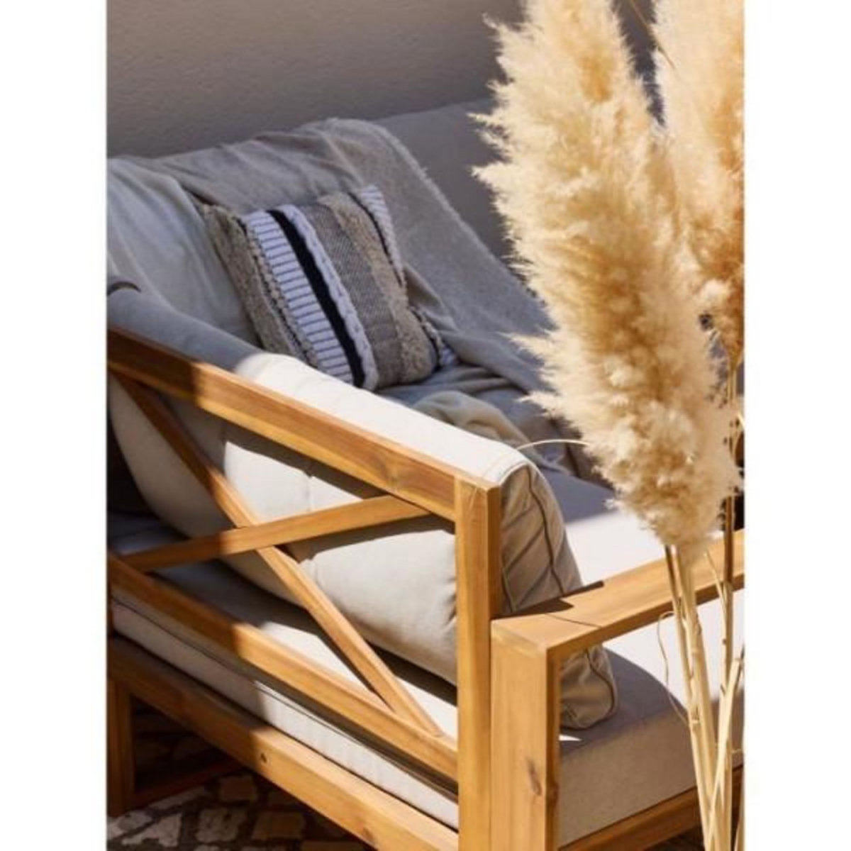 BOCARNEA Salon de jardin d'angle modulable - Bois d'acacia - 9 personnes - LEVATA XXL - Lin + Housse