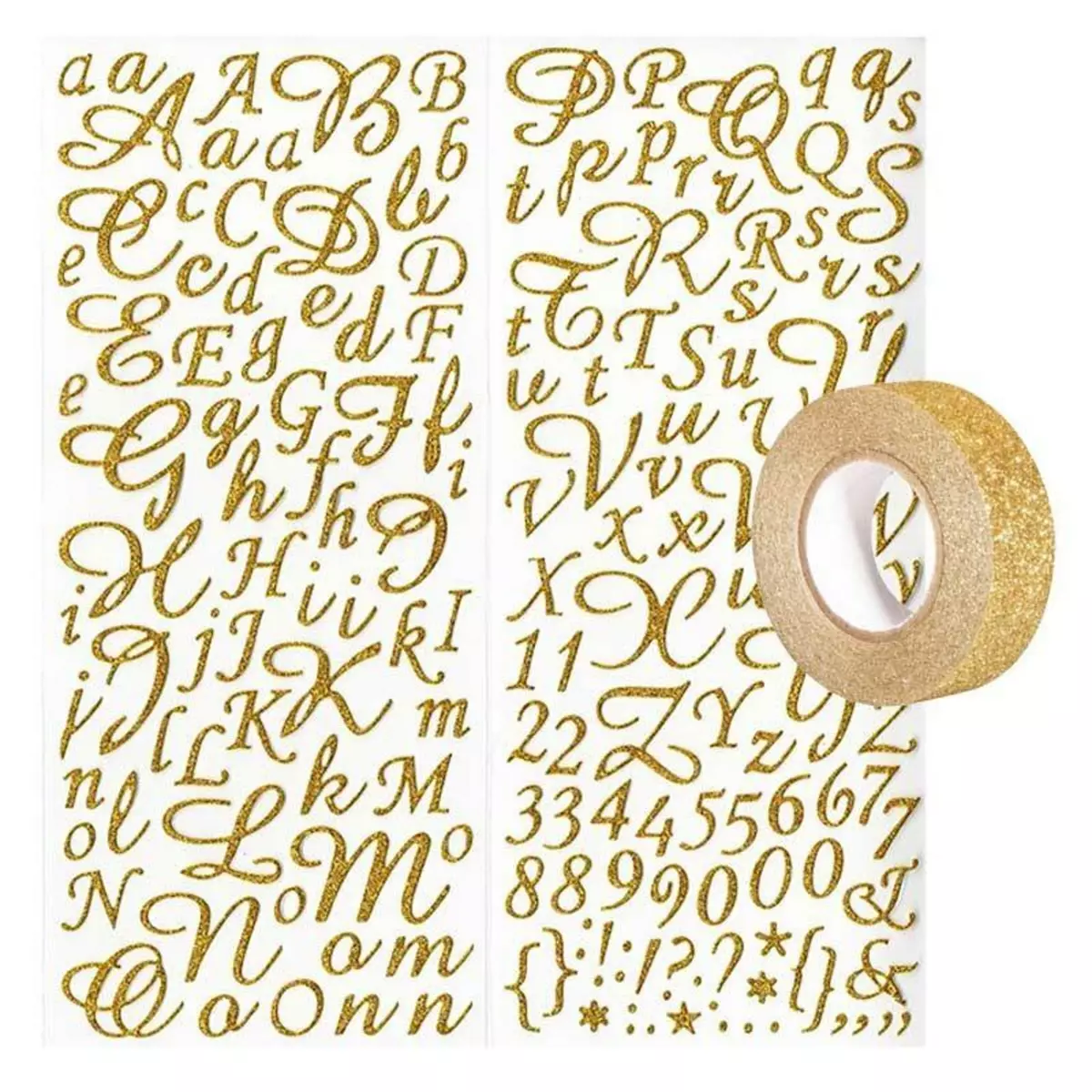 Youdoit Stickers alphabet & chiffres dorés à paillettes + masking tape doré à paillettes 5 m