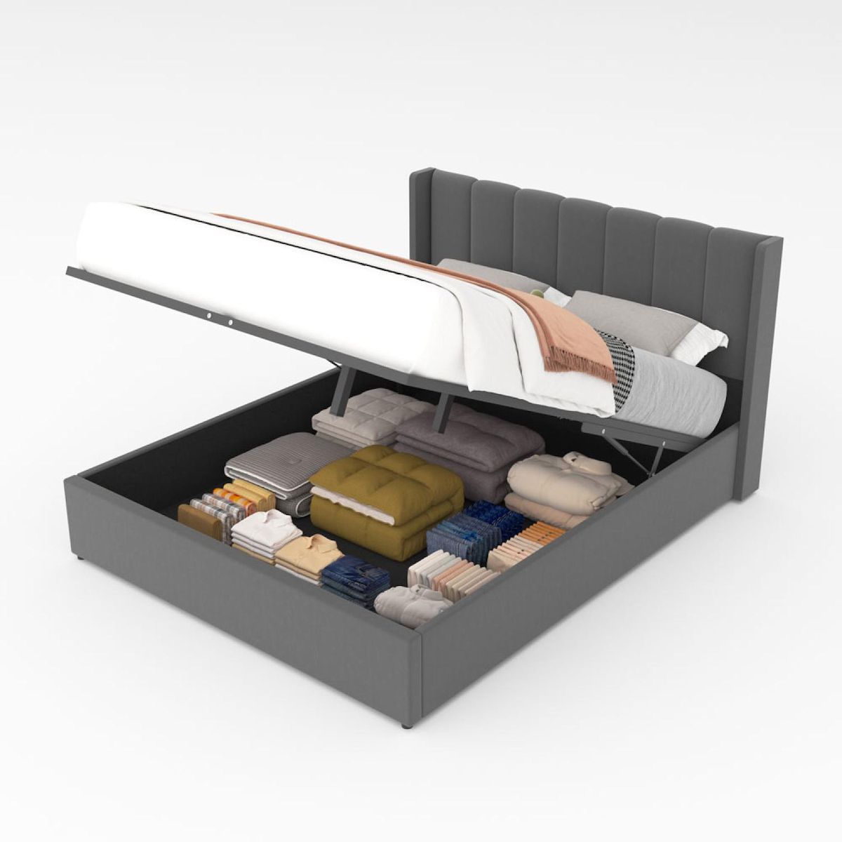 CONCEPT USINE Lit design avec coffre de rangement 140x190cm en velours gris ARLINGTON