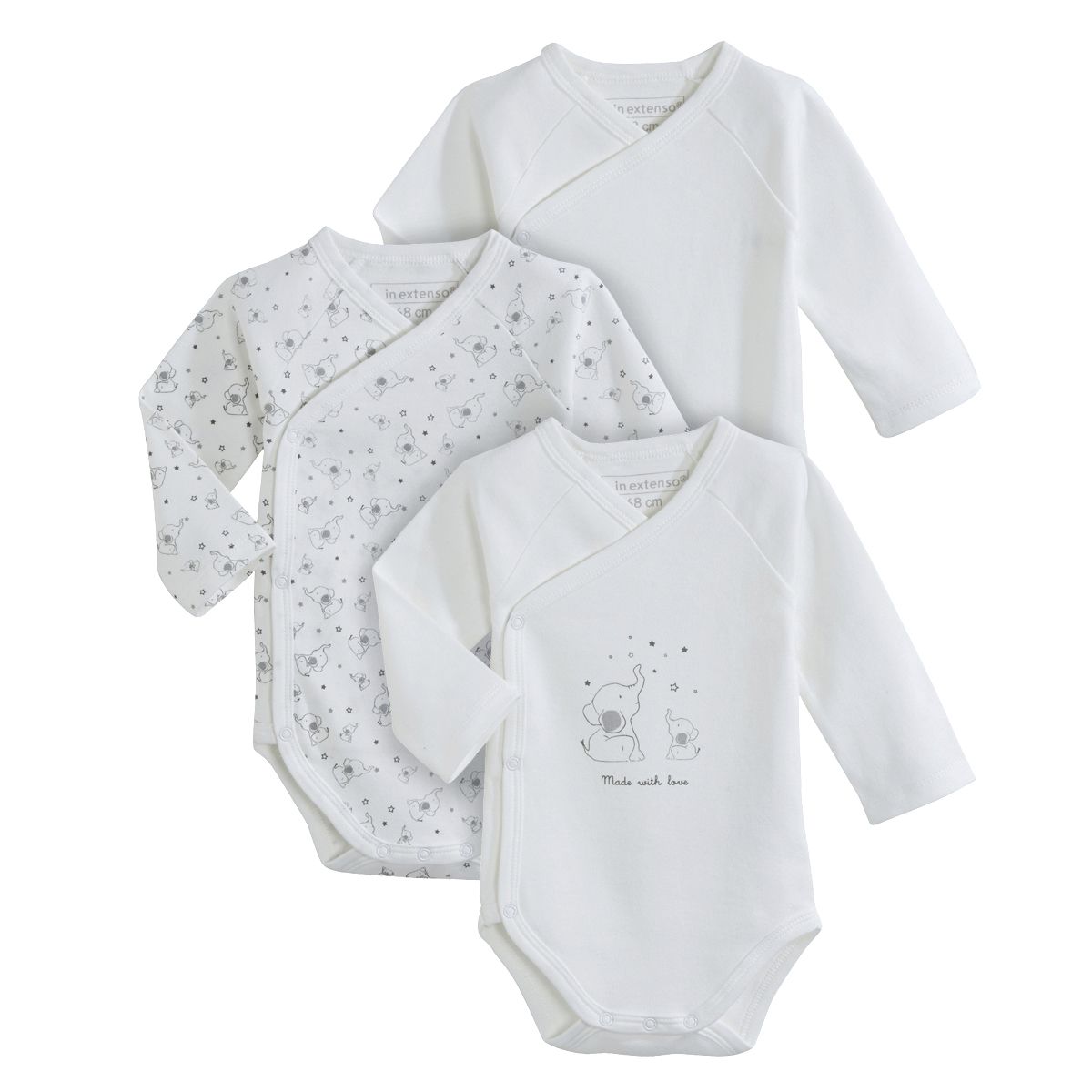 IN EXTENSO Lot de 3 bodies manches longues naissance bébé 