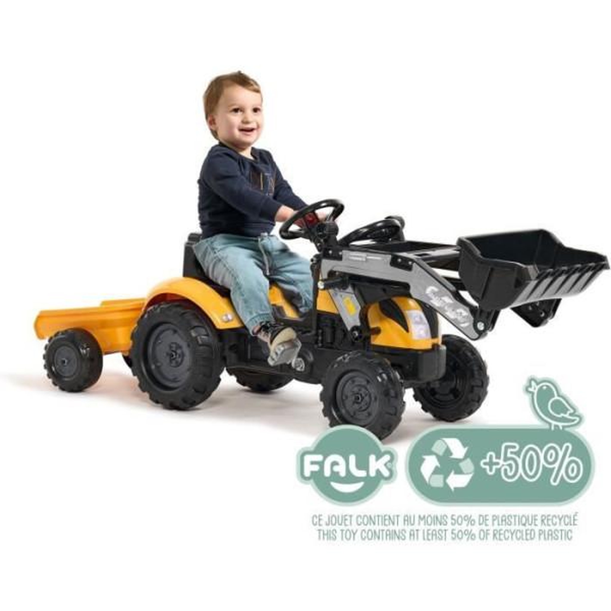 Voir la diapositive 2 : FALK Tracteur a pédales Mighty Builder - FALK - Avec remorque - Jaune - 100% Fabriqué en France - 50% de plastique recyclé - Des 2