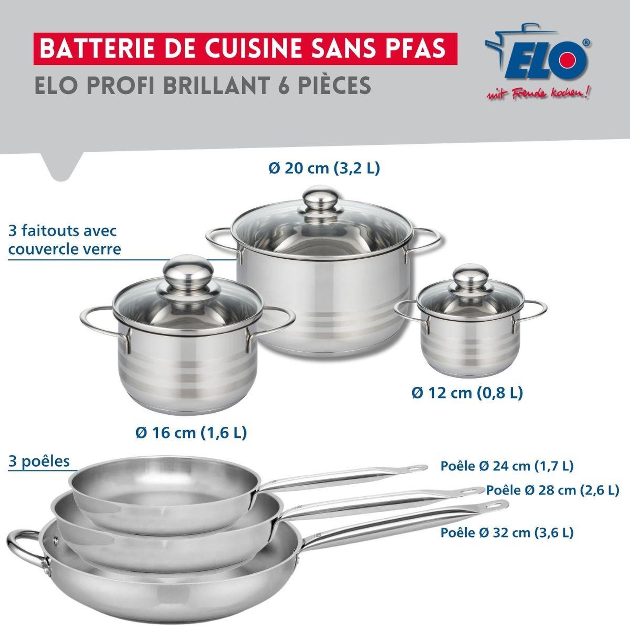 Voir la diapositive 2 : ELO Ensemble de 3 poêles de cuisson 24, 28 et 32 cm et 3 faitouts 12, 16 et 20 cm elo profi brillant