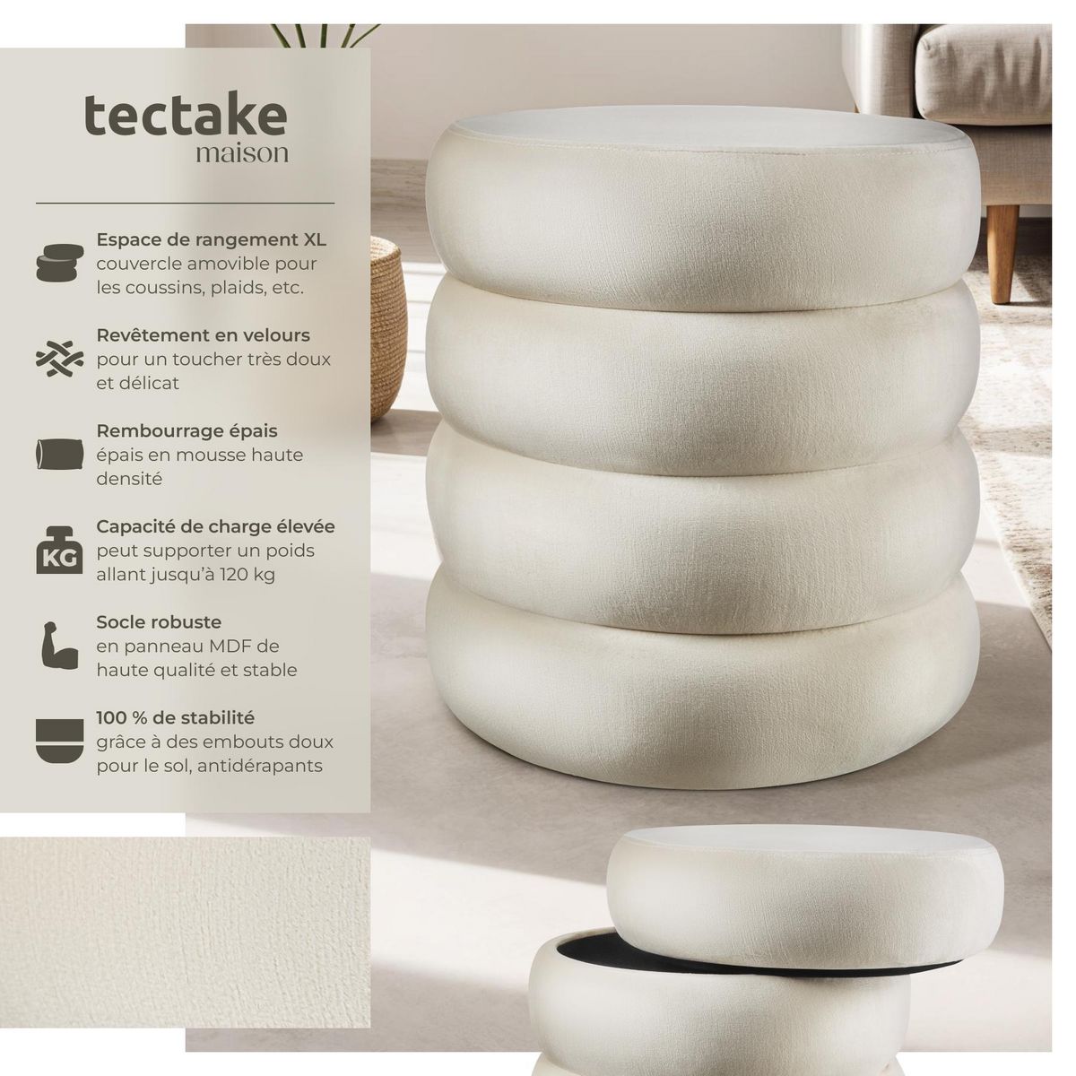tectake Tabouret avec espace de rangement rond Aspect velours crème/ blanc