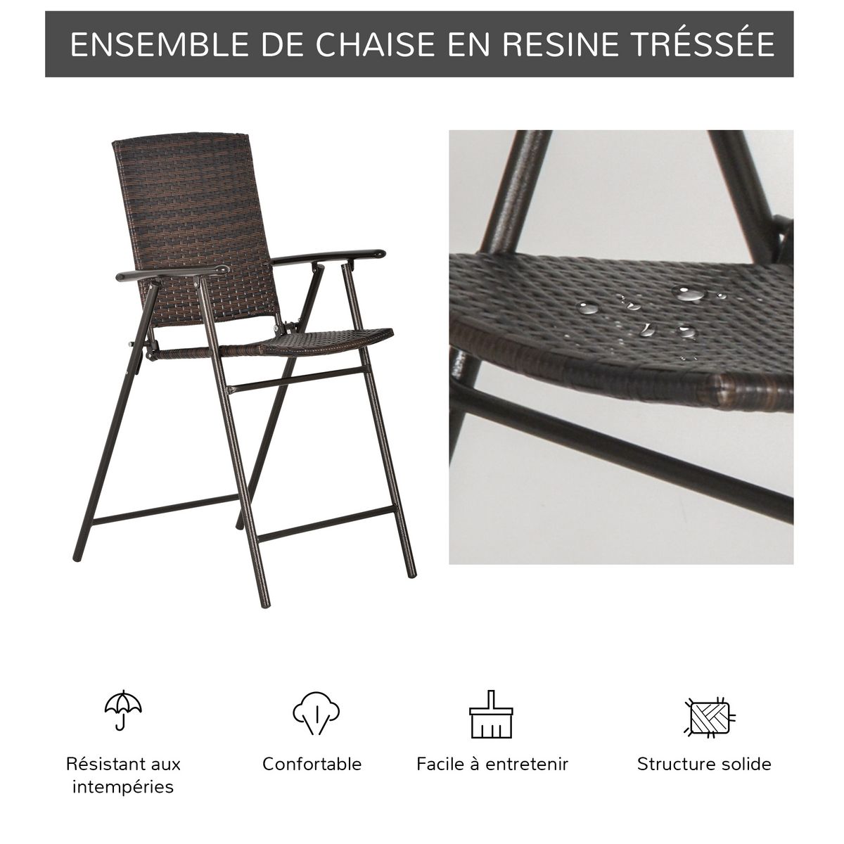 OUTSUNNY Tabourets de bar pliable style colonial - lot de 4 tabourets de bar - repose-pied + accoudoirs - métal époxy résine tressée chocolat