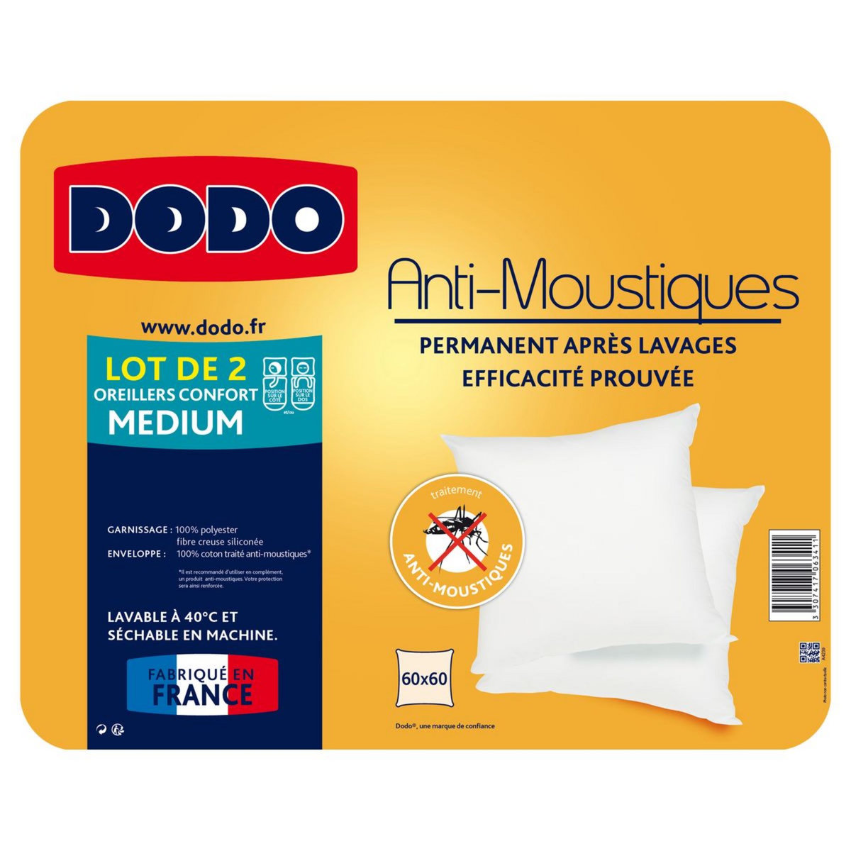 DODO Lot de 2 oreillers confort médium anti moustiques