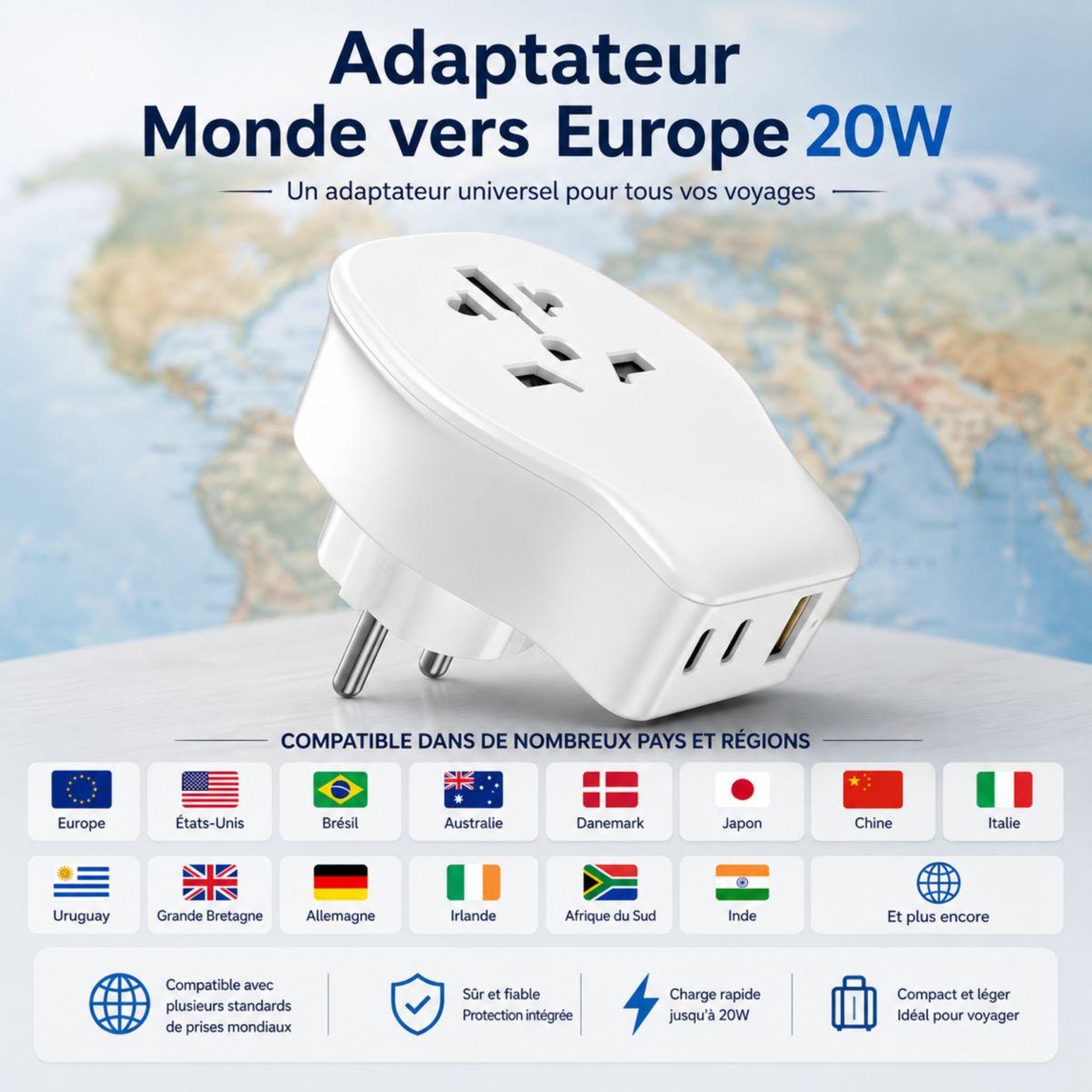 Voir la diapositive 3 : ESSENTIEL B Adaptateur de voyage Monde vers Europe 20W