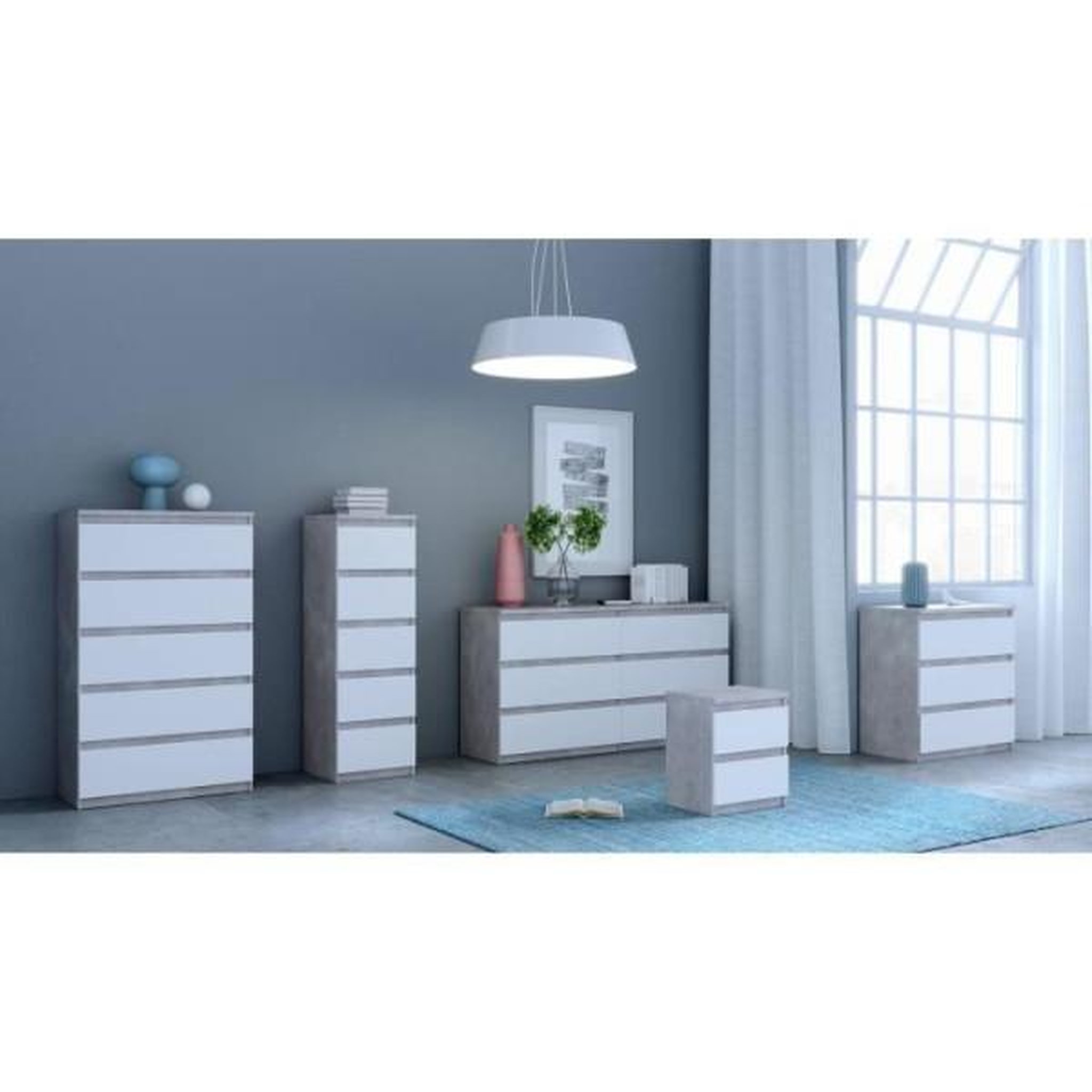 Voir la diapositive 4 : MARKET24 Commode CHELSEA 5 tiroirs - L 77,2 x P 42,2 x H 128,1 - Décor optique béton clair KILOX et blanc mat