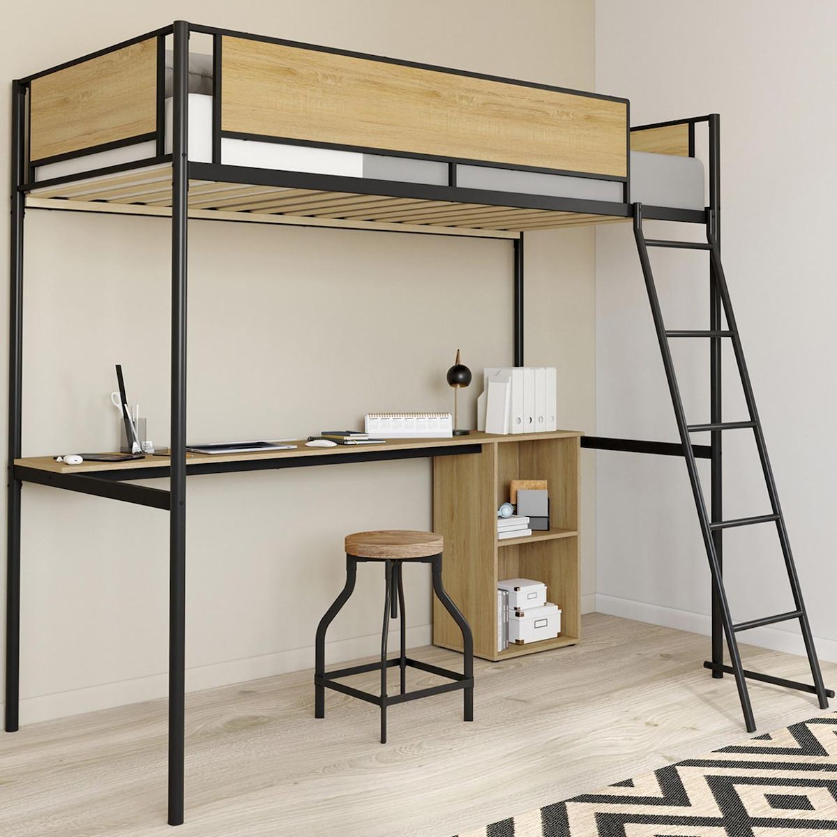 ID MARKET Lit mezzanine simple DETROIT avec bureau et rangements 90 x 190 cm design industriel