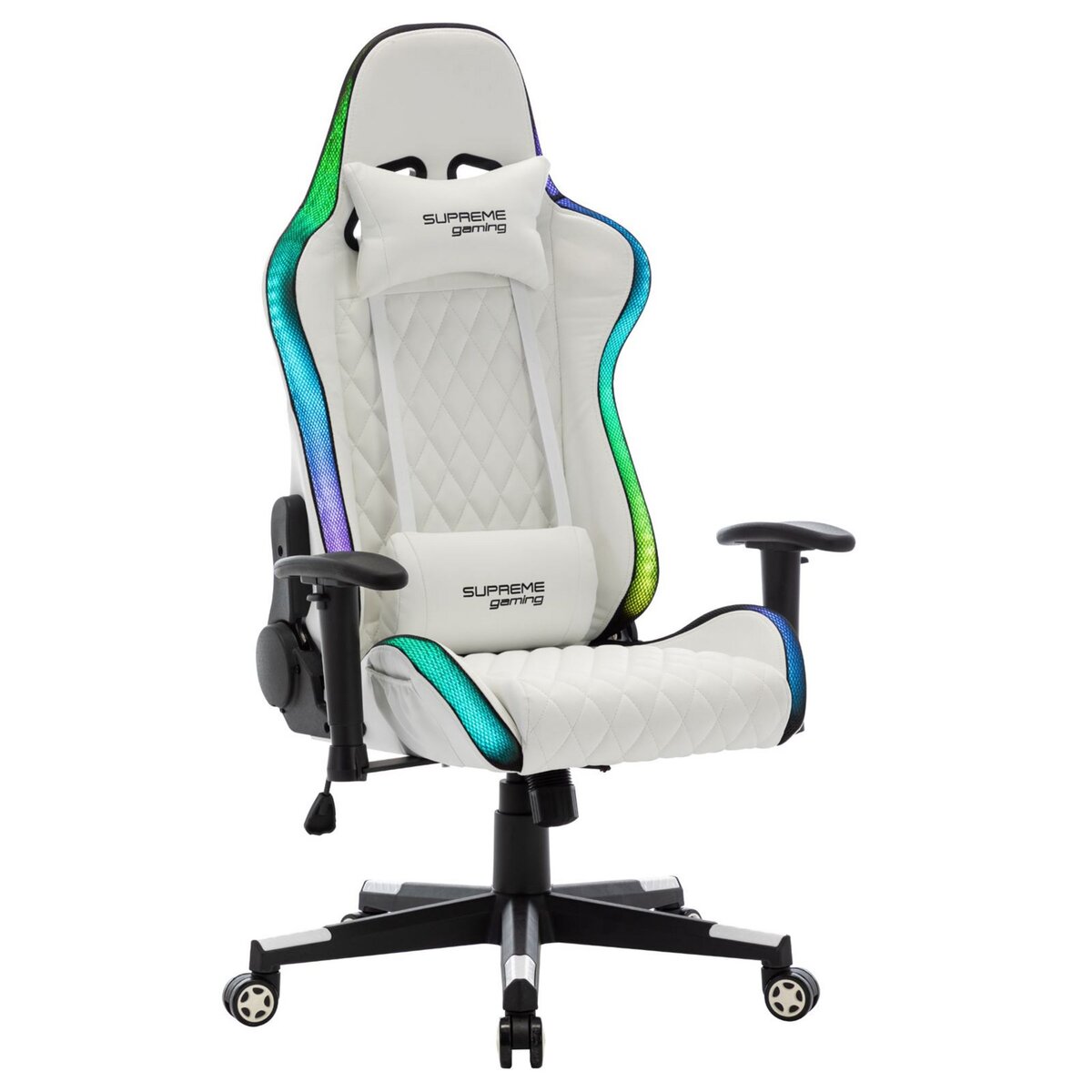 IDIMEX Chaise de bureau gaming LEGEND avec éclairage LED fauteuil gamer ergonomique, siège à roulettes revêtement synthétique blanc
