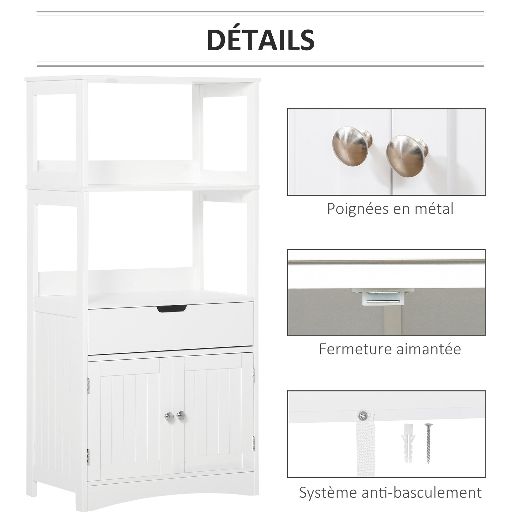 Voir la diapositive 5 : KLEANKIN Meuble de rangement salle de bain - 2 portes, tiroir, 3 étagères - dim. 60L x 33l x 122H cm - MDF blanc