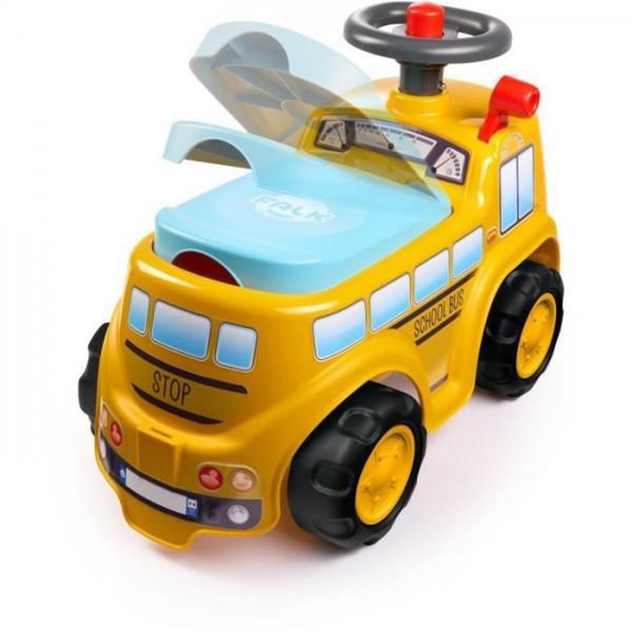 Voir la diapositive 2 : FALK Porteur Trotteur  - FALK - School Bus - Assise ouvrante - Volant directionnel - Des 12 mois - 100% Fabriqué en France