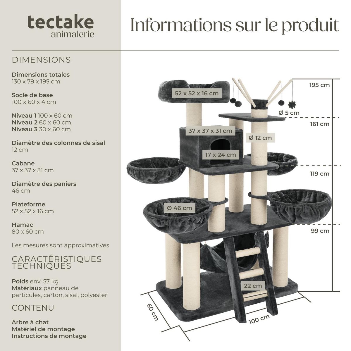 tectake Arbre à chat 195 cm avec griffoir et plateforme d'escalade gris/blanc