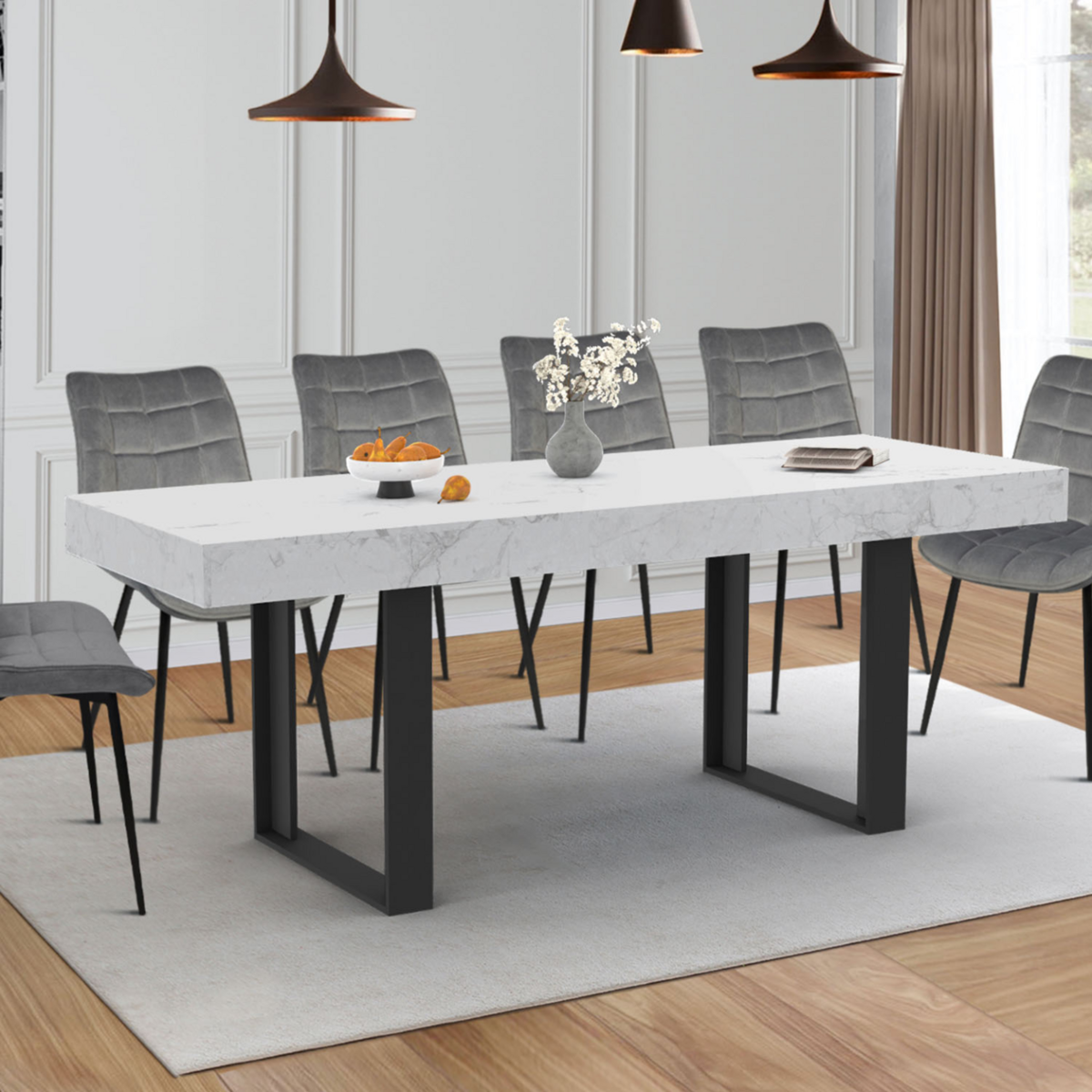 ID MARKET Table à manger extensible rectangle PHOENIX 4-8 personnes plateau effet marbre blanc ALASKA 160-200 cm