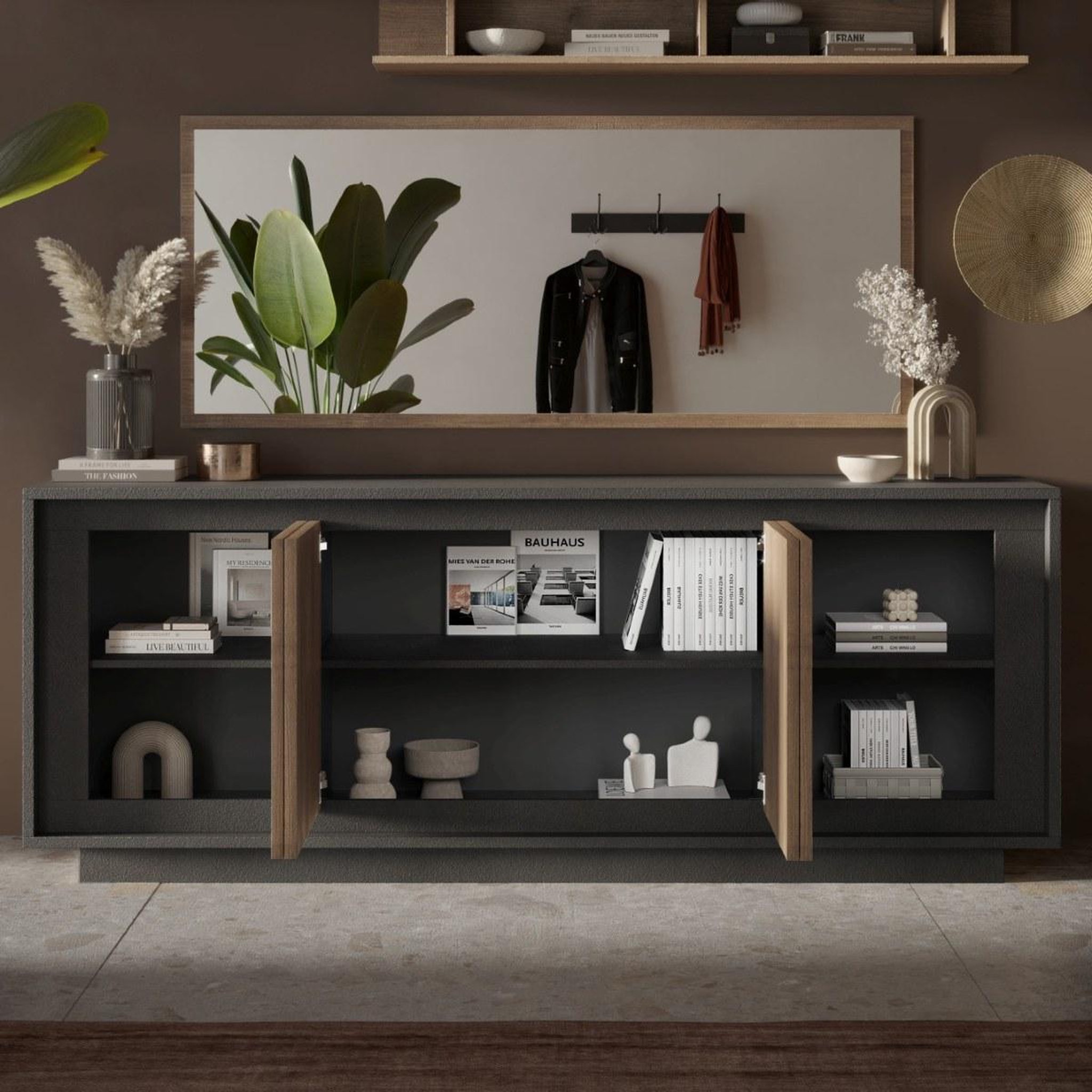 Voir la diapositive 5 : JLC KREATION Buffet bas contemporain 4 portes gris lave et noyer YORI