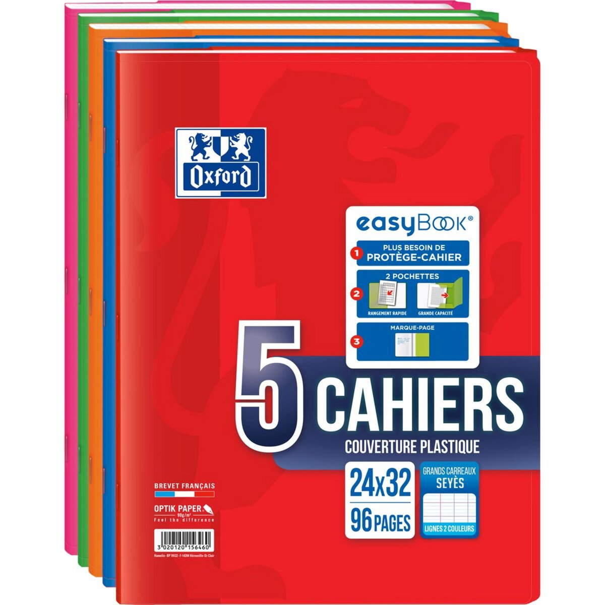 OXFORD Lot de 5 cahiers polypro 24x32cm 96 pages grands carreaux Seyes Easybook coloris assortis