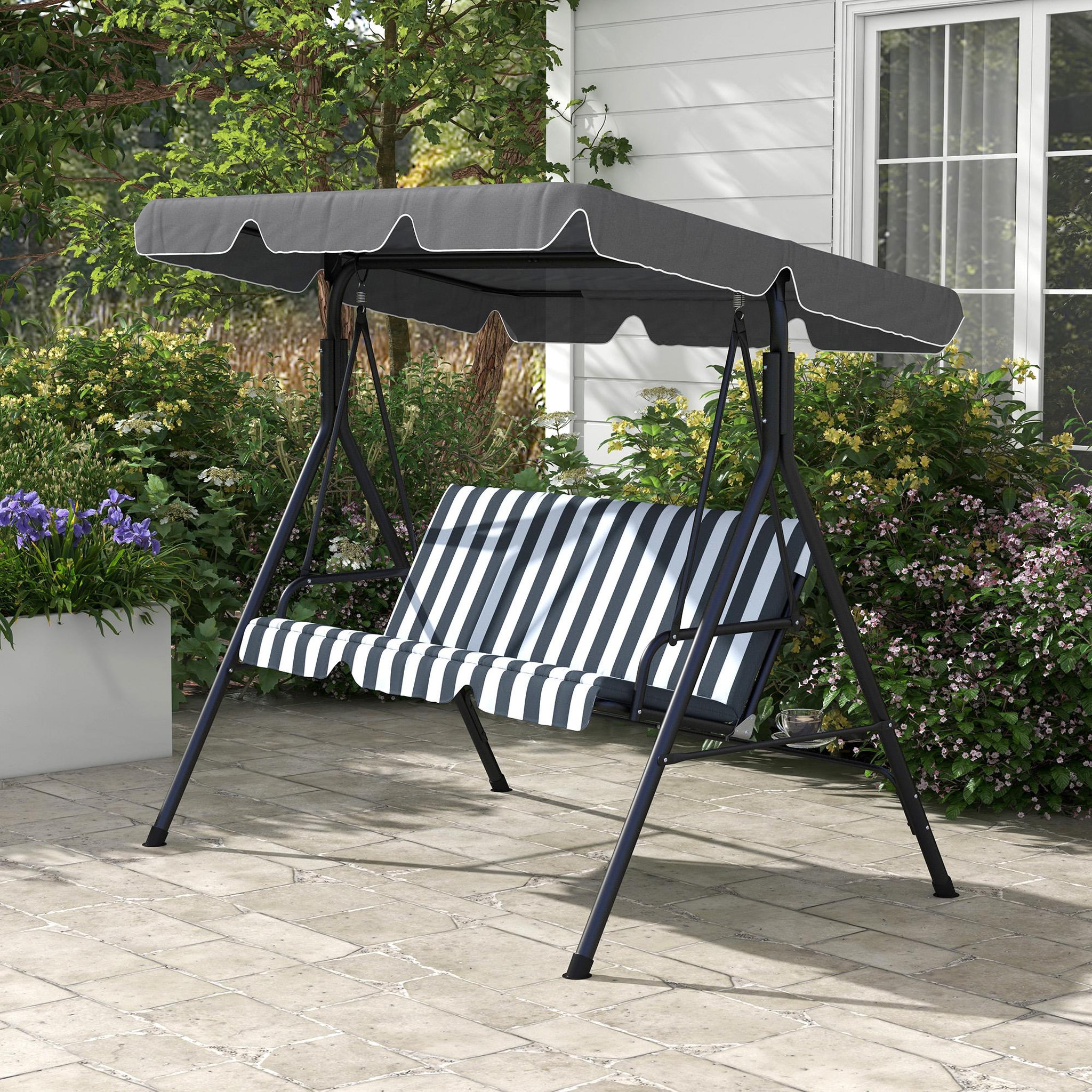 Voir la diapositive 2 : OUTSUNNY Balancelle de jardin 3 places toit réglable acier polyester blanc gris rayé