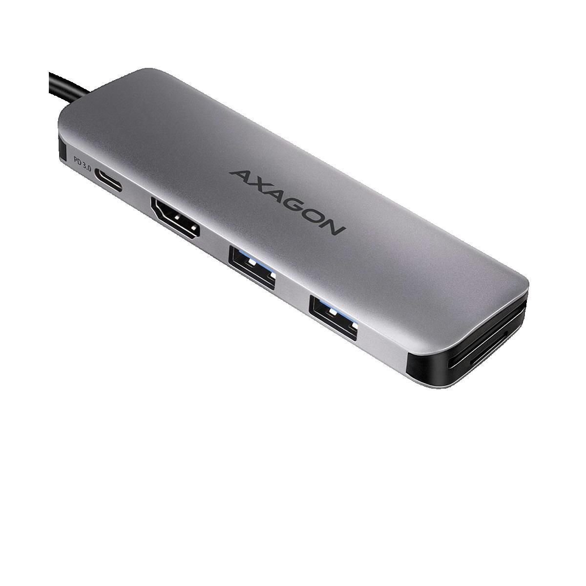 AXIOM Hub USB-C Axagon HMC-5 Argent avec 2 ports USB-A, 1 port HDMI et 2 ports USB-C