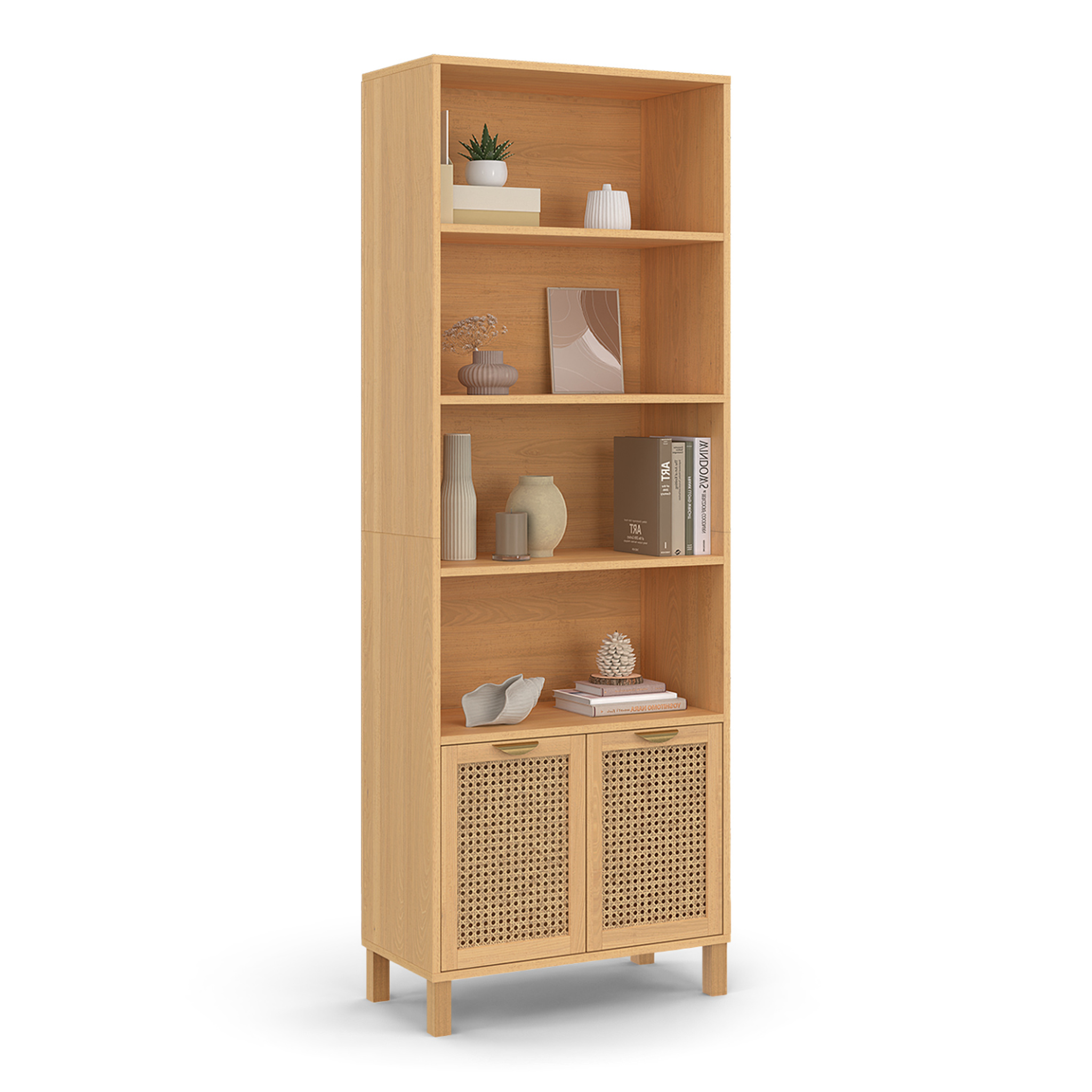 ID MARKET Etagère bibliothèque 4 niveaux avec placard edhen cannage et bois