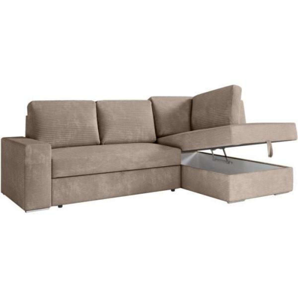 LOUNGITUDE Canapé d'angle droit convertible ARTEMIS 4 places - Velours côtelé greige - L246 x P174 x H96 cm