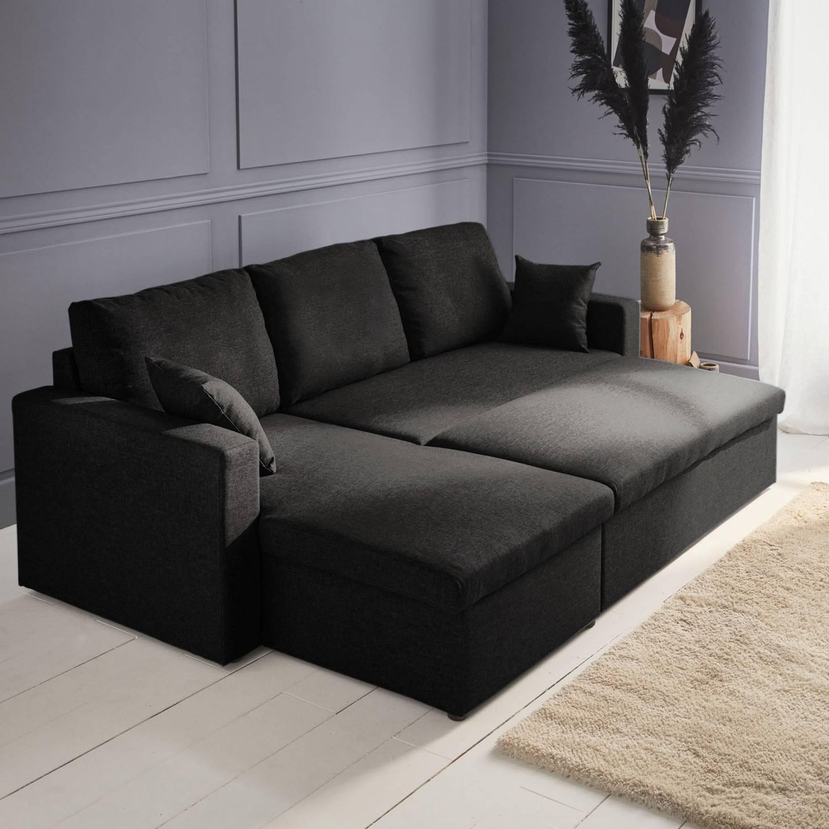SWEEEK Canapé d'angle convertible en tissu noir - IDA - 3 places. fauteuil d'angle réversible coffre rangement lit modulable