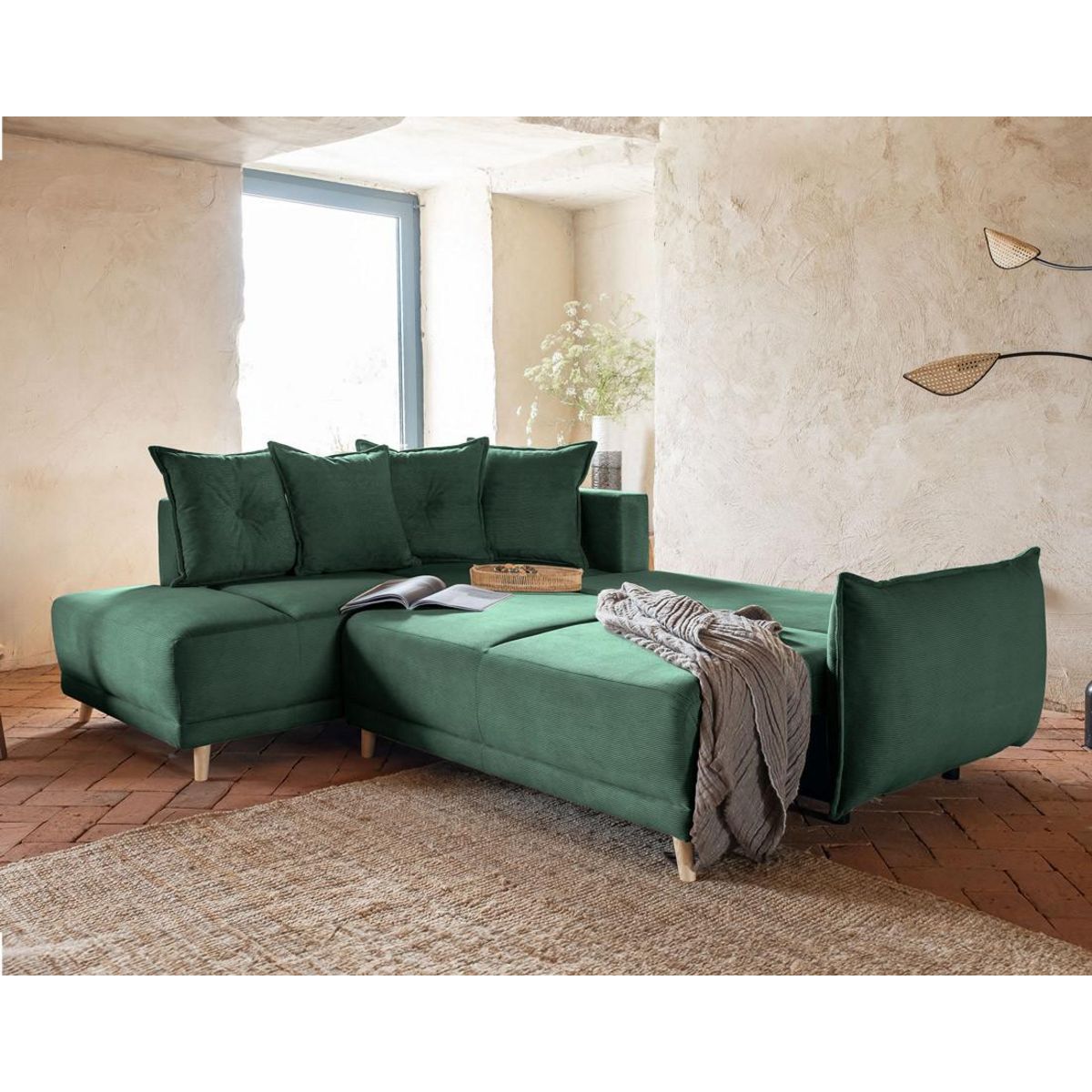 BEST MOBILIER Lena - canapé d'angle gauche 5 places - convertible avec coffre - en velours côtelé