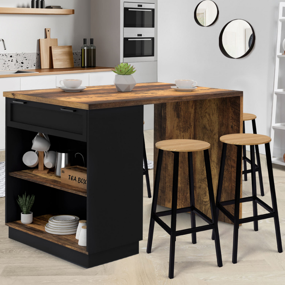 ID MARKET Ilot central mange-debout 4 personnes VITO 130 cm noir et effet bois foncé HAWKINS