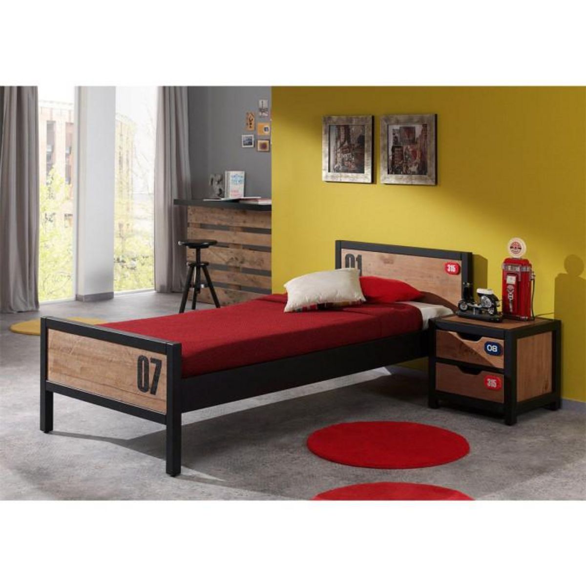 Paris Prix Pack - Lit Enfant, Sommier & Chevet  Alex  90x200cm Marron & Noir