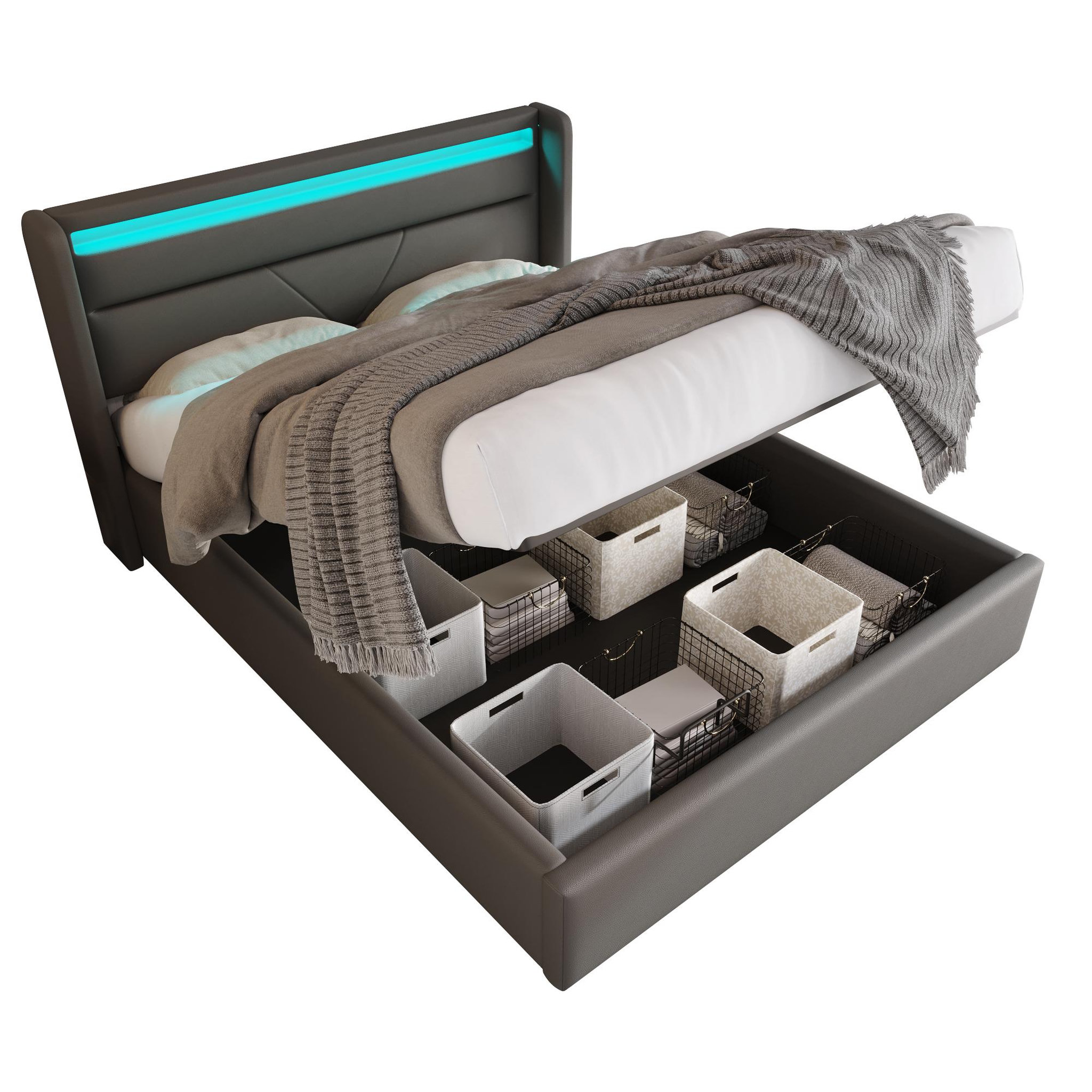 Voir la diapositive 1 : MERAX Lit coffre avec sommier et LED PU
