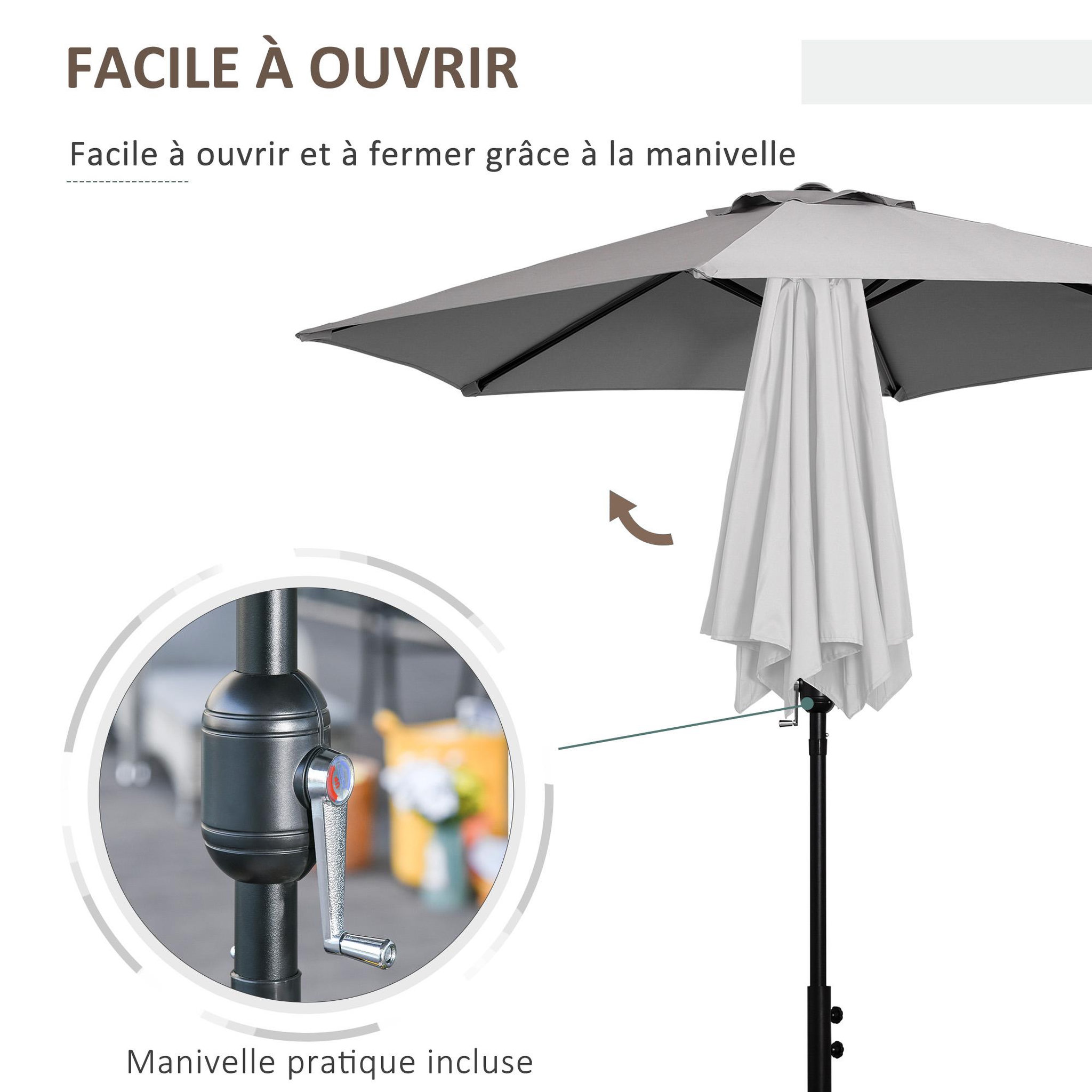 Voir la diapositive 6 : OUTSUNNY Parasol hexagonal inclinable dim. Ø 2,3 x 2,16H m métal polyester haute densité gris