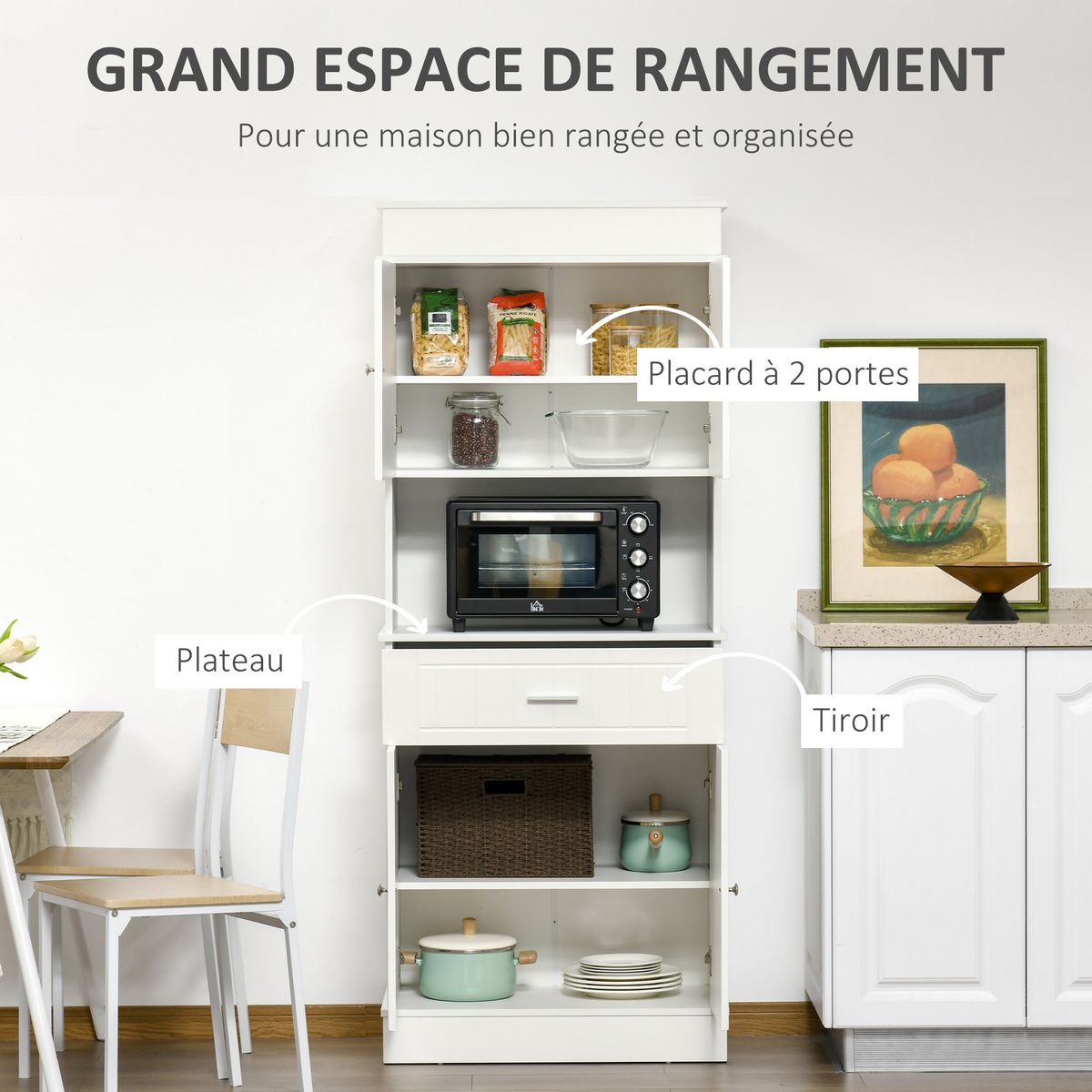 HOMCOM HOMCOM Armoire de cuisine contemporaine multi-rangement 4 portes tiroir coulissant et grand plateau dim. 74L x 39l x 183H cm panneaux particules MDF blanc