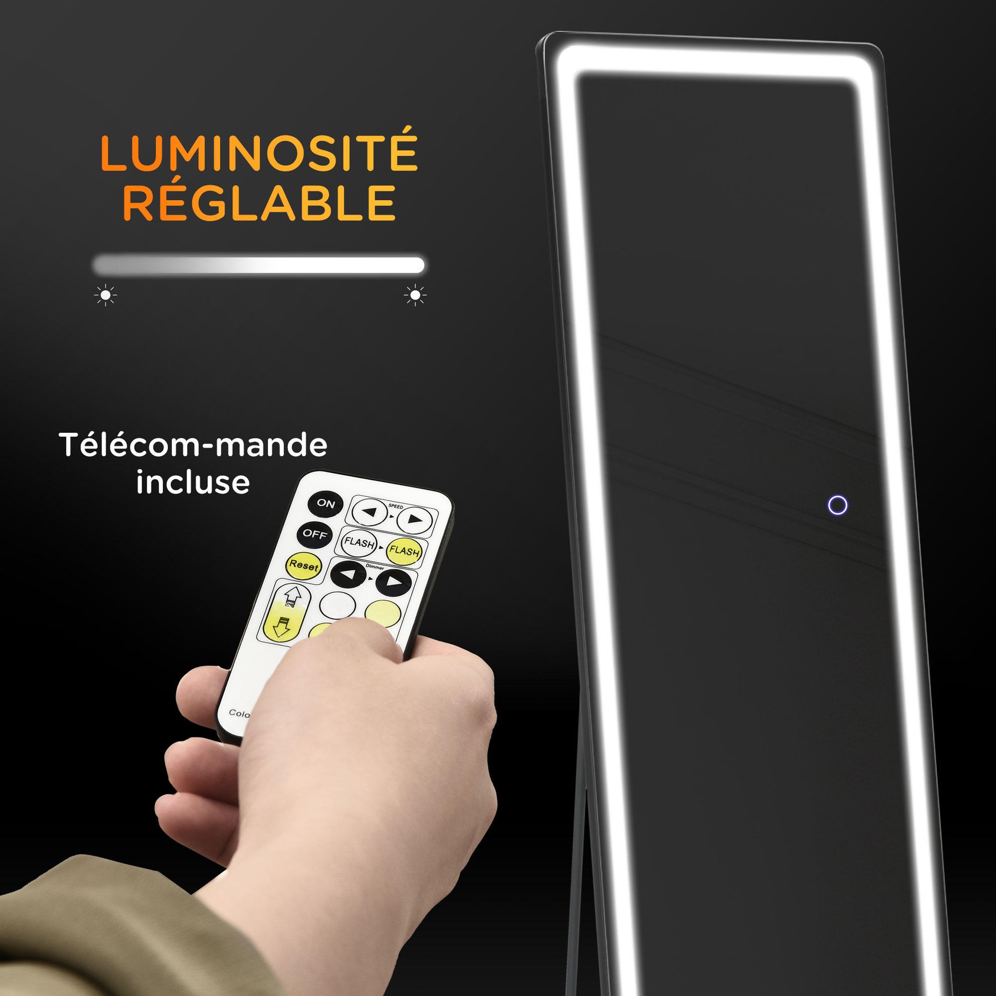 Voir la diapositive 6 : HOMCOM Miroir LED sur pied ou mural au choix - intensité et couleur réglable - télécommande incluse - verre alu. noir