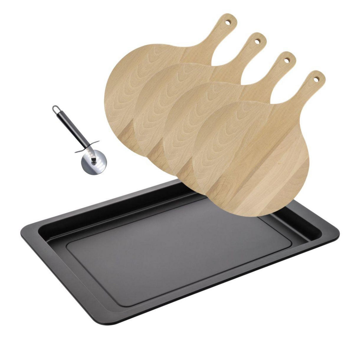 ZENKER Ensemble pour pizza avec une plaque de cuisson four, 4 planches à pizza rondes et une roulette à pizza Fackelmann