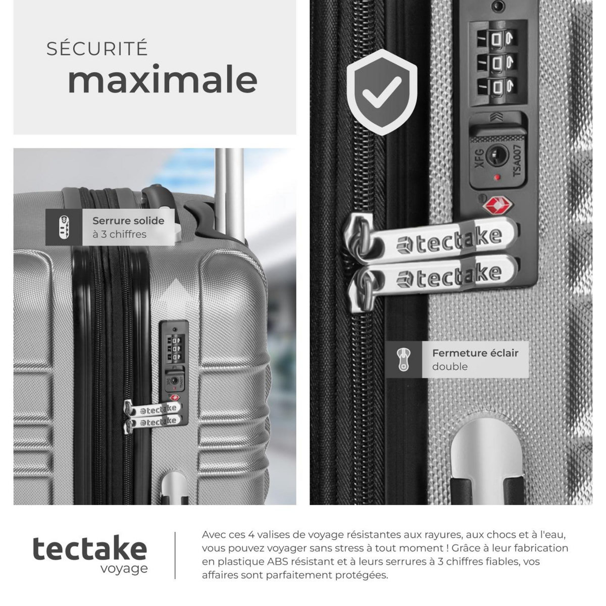 tectake Set de valises trolley rigides 4 parties, en plastique ABS robuste gris