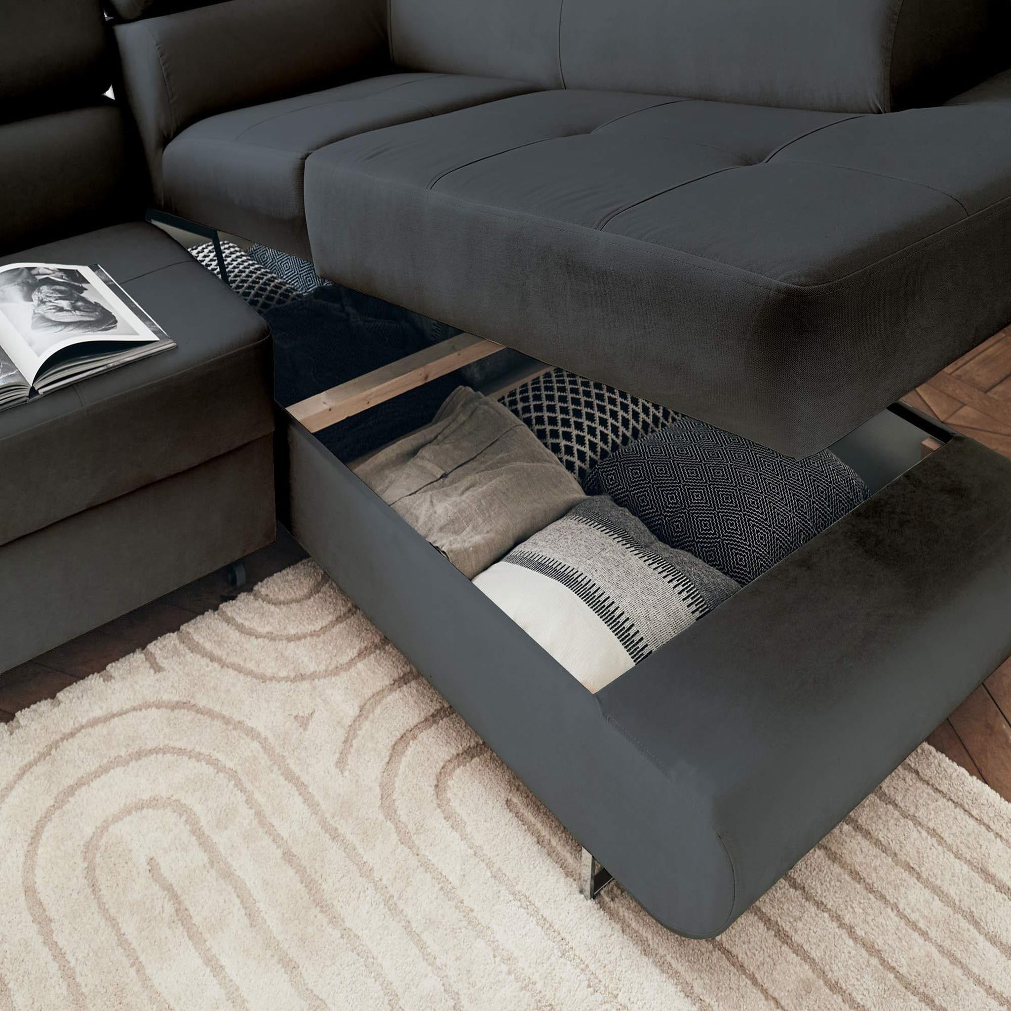 Voir la diapositive 3 : BEST MOBILIER Pablo - canapé d'angle droit - 5 places - convertible avec coffre et têtières réglables - en velours