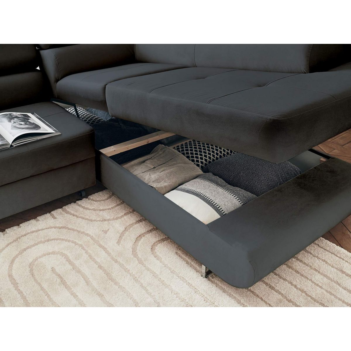 BEST MOBILIER Pablo - canapé d'angle droit - 5 places - convertible avec coffre et têtières réglables - en velours