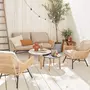 SWEEEK Salon de jardin bas 4 places KUTA – résine tressée effet bambou, coussins beiges