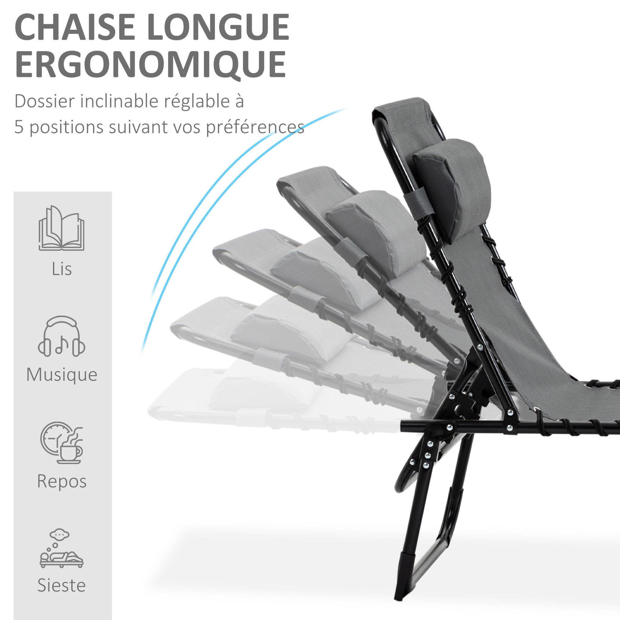 Voir la diapositive 4 : OUTSUNNY Bain de soleil transat pliable avec poignée - dossier inclinable multi-positions, pochette, tétière - acier époxy noir lacets élastiques textilène gris