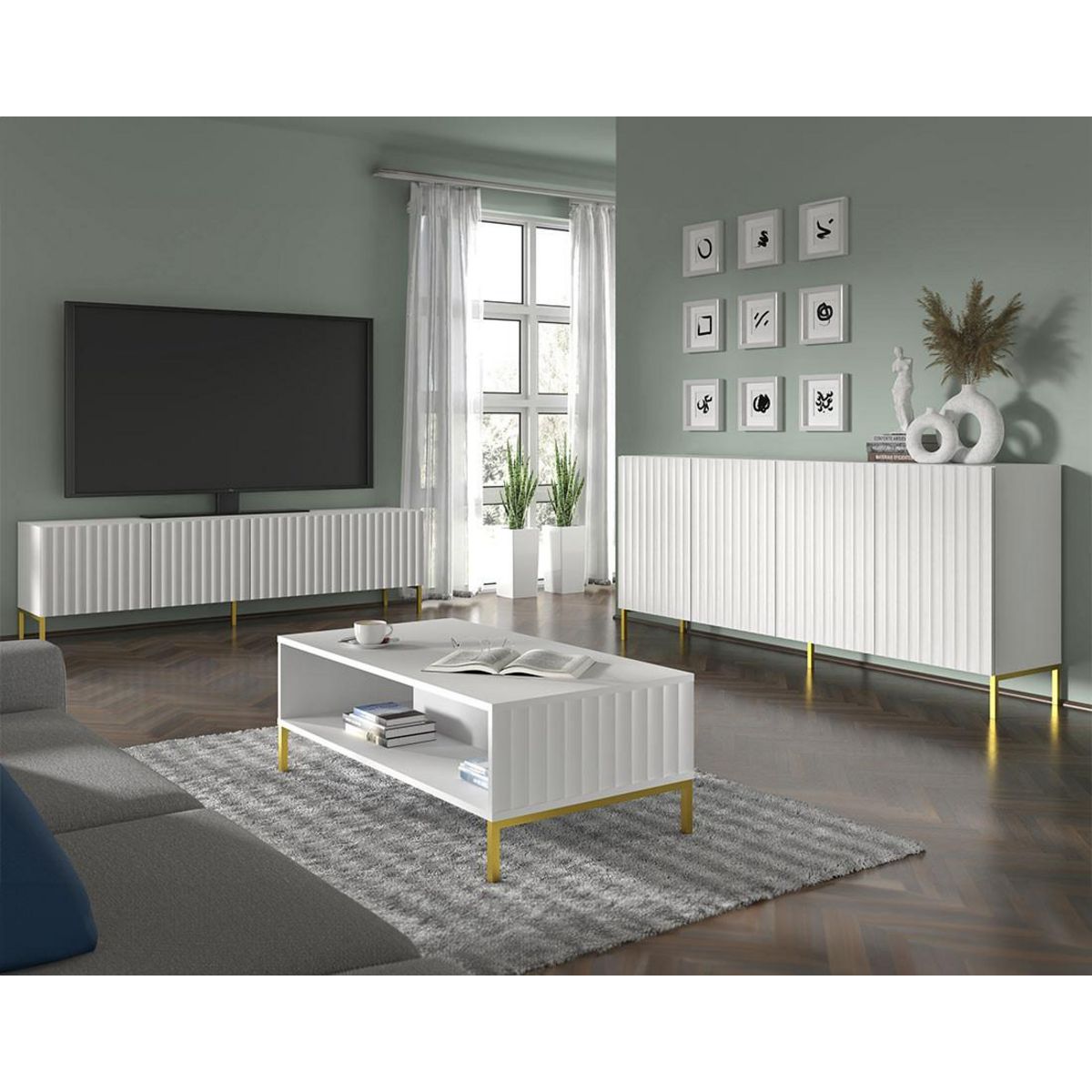 BEST MOBILIER Lara - buffet bas - pieds dorés - 200 cm