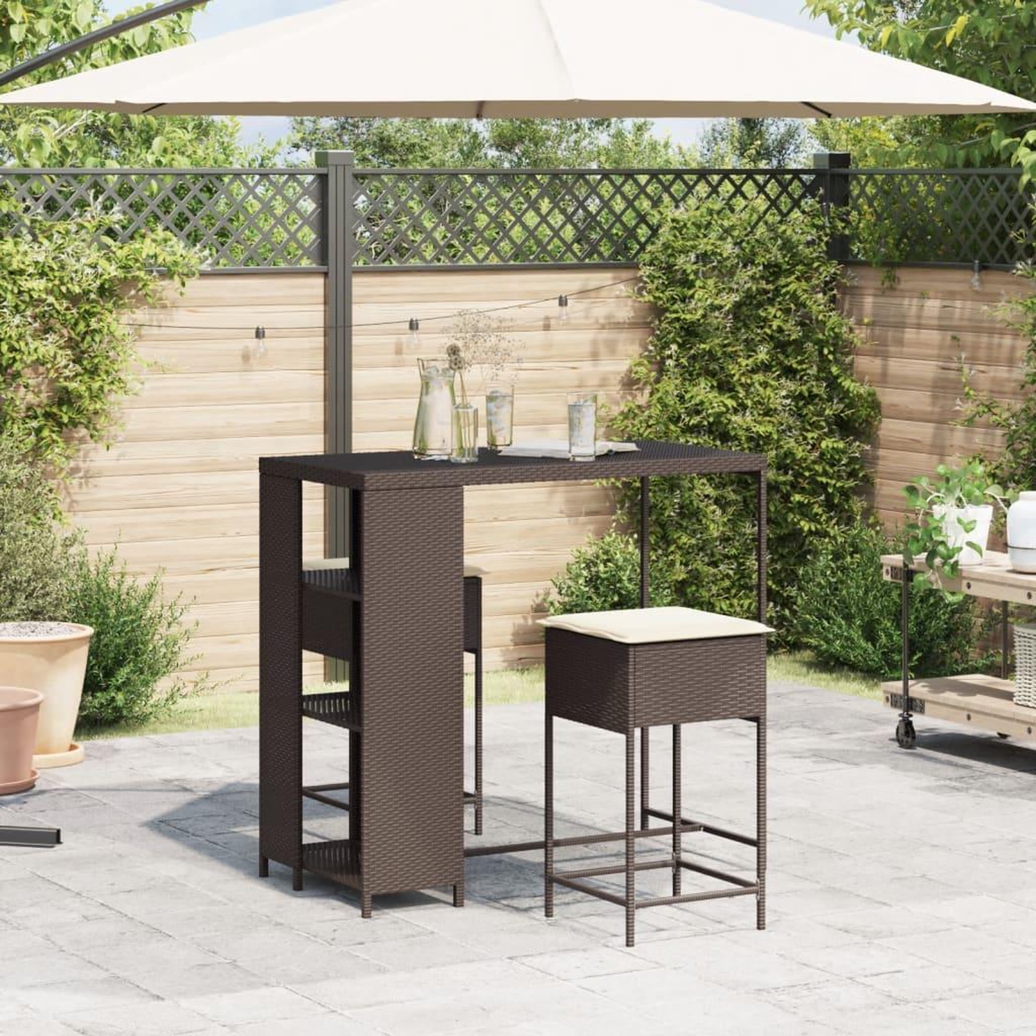 Voir la diapositive 3 : VIDAXL Ensemble de bar de jardin 3 pcs et coussins brun resine tressee