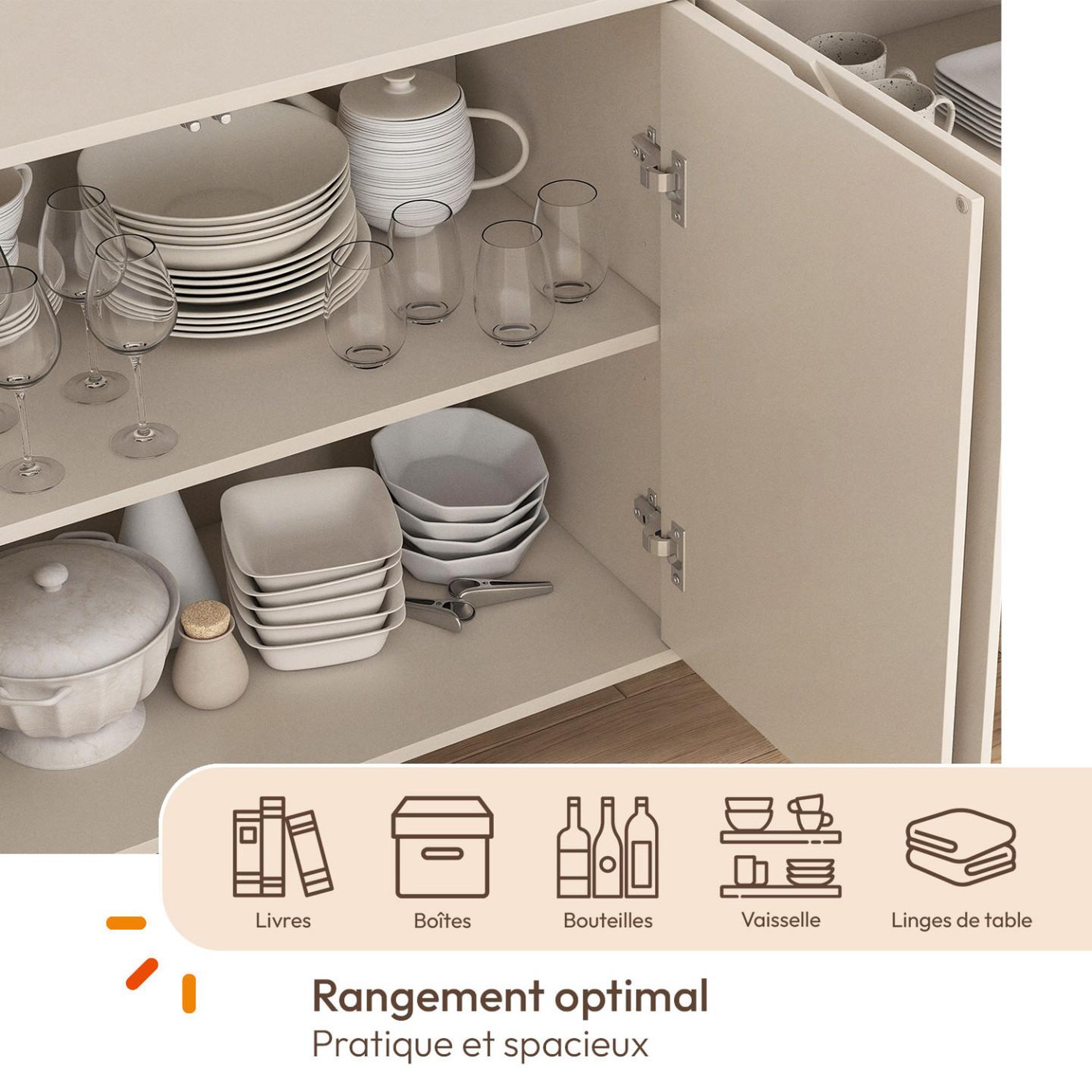Voir la diapositive 4 : ID MARKET Buffet 160 cm ARVIN 4 portes avec reliefs arrondis bois coloris beige