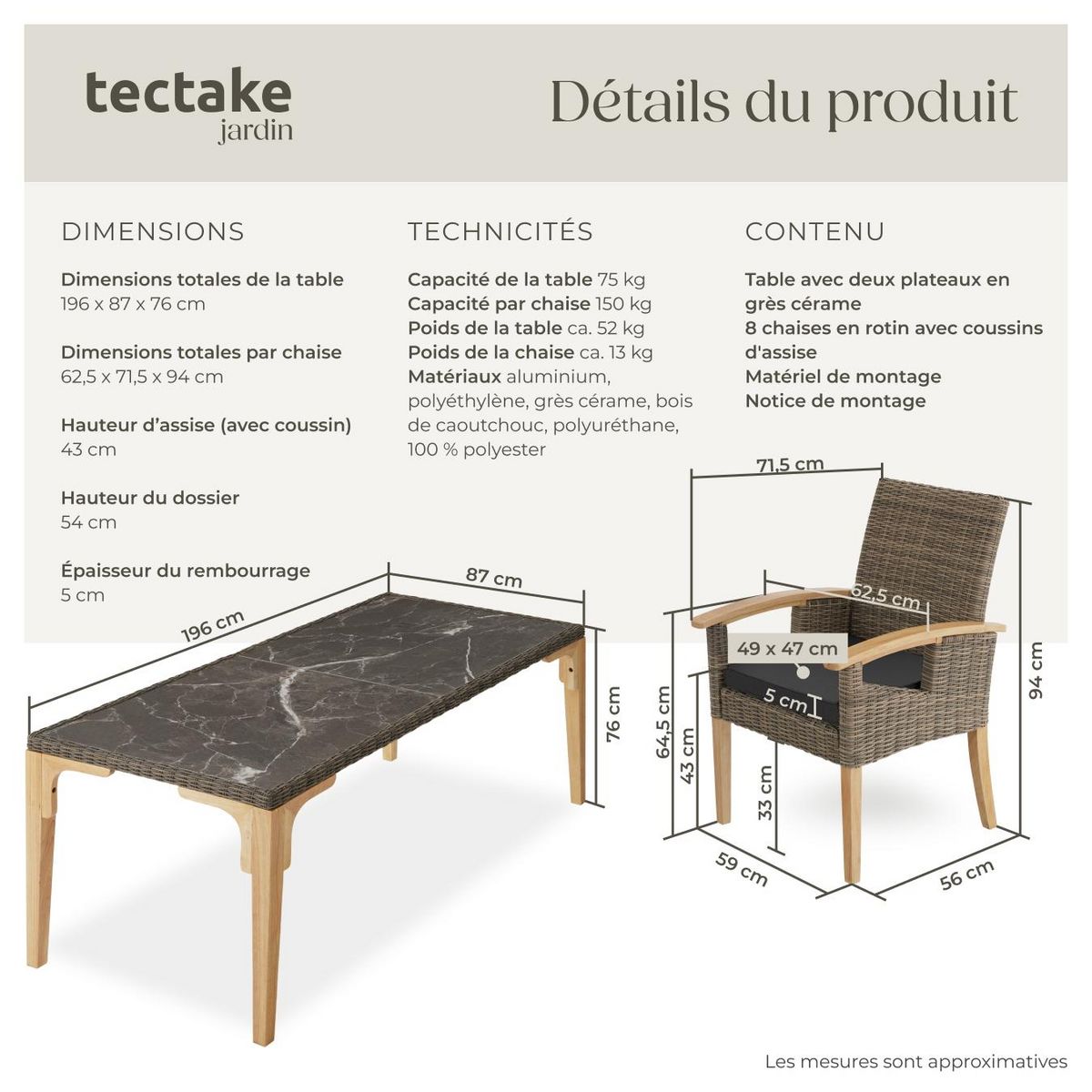tectake Ensemble table en rotin avec 8 chaises avec cadre robuste marron naturel