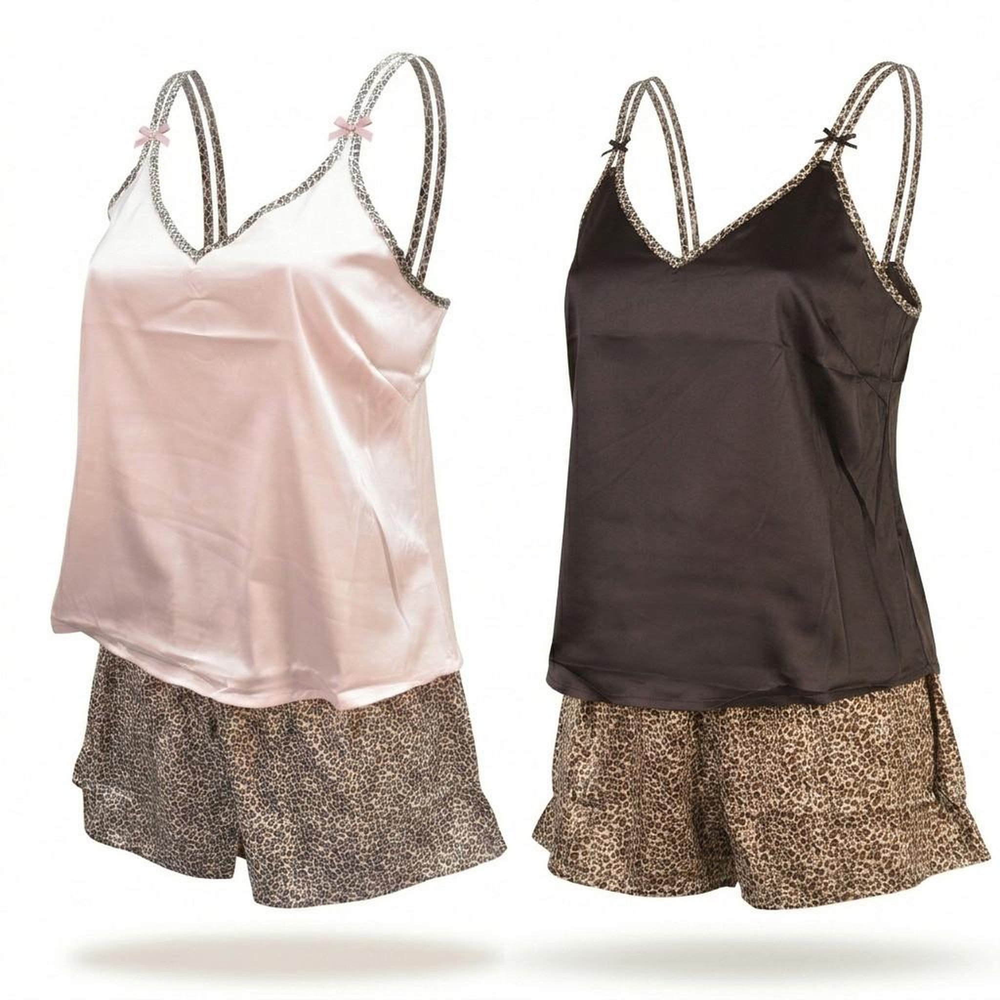 Voir la diapositive 1 : OZABI OZABI Pack 2 Pyjamas Femme Satinés, Débardeur Bretelles Léopard, Short Léopard