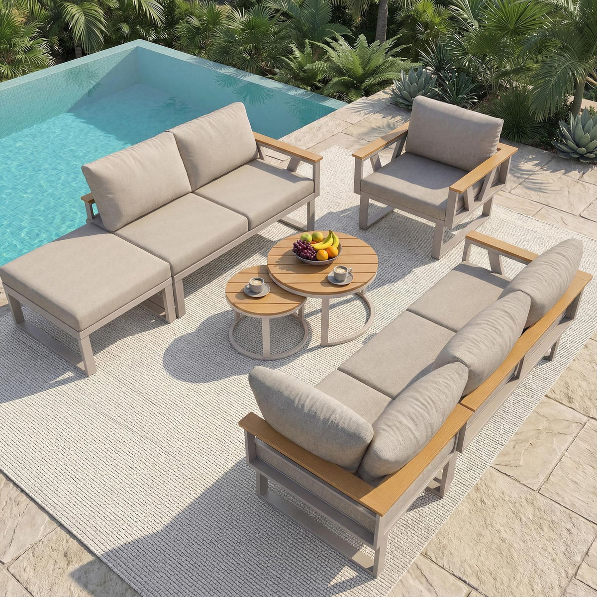 MERAX Salon de jardin 7 places en fer avec canapé, fauteuil, repose-pieds et 2 tables bois