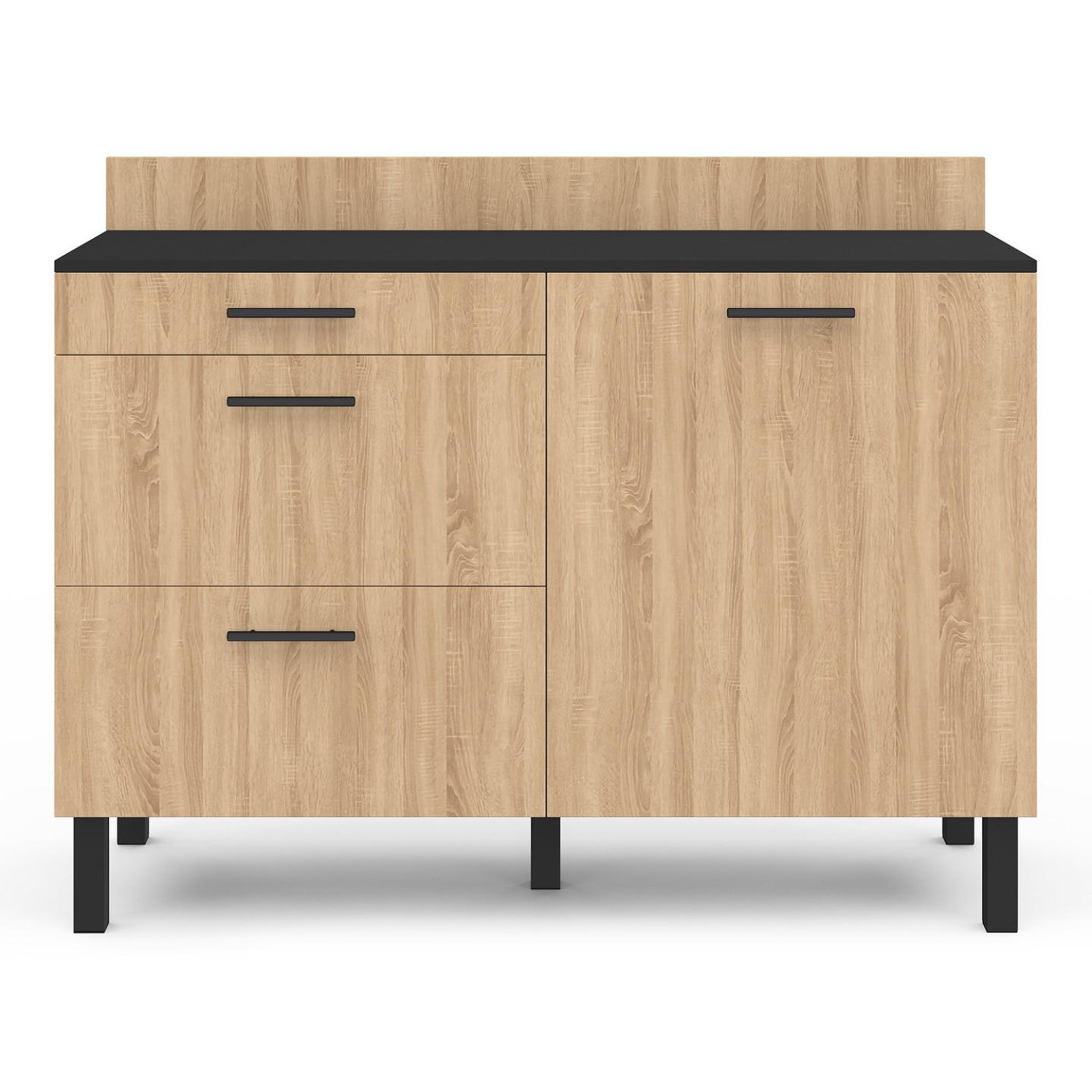 Voir la diapositive 4 : ID MARKET Buffet bas casserolier de cuisine 120 cm cina plan de travail h.83 cm 1 porte + 3 tiroirs noir et façon hêtre